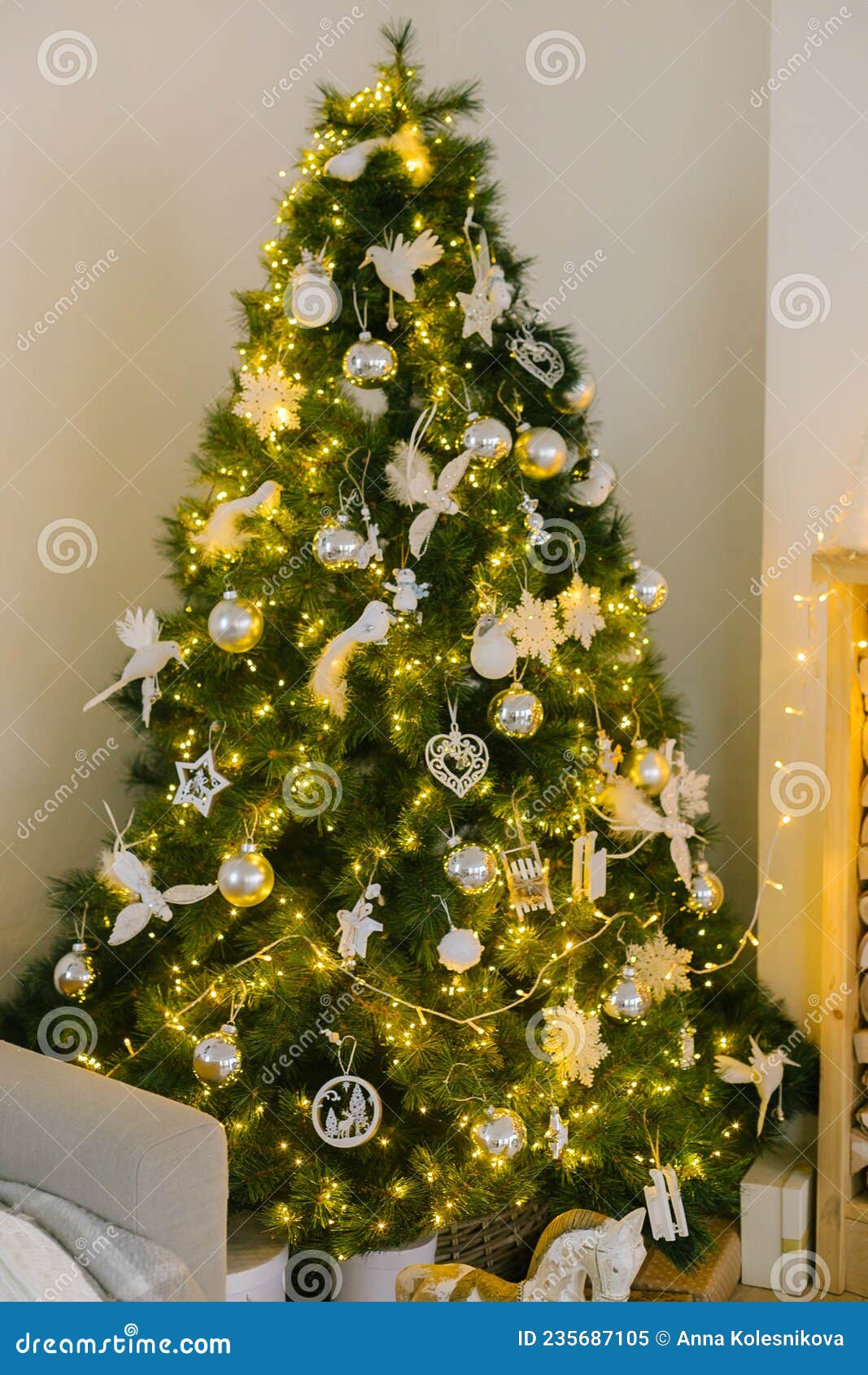 Christmas Tree with Garland Lights. Concept of Celebrating New Year Stock Image Image of
