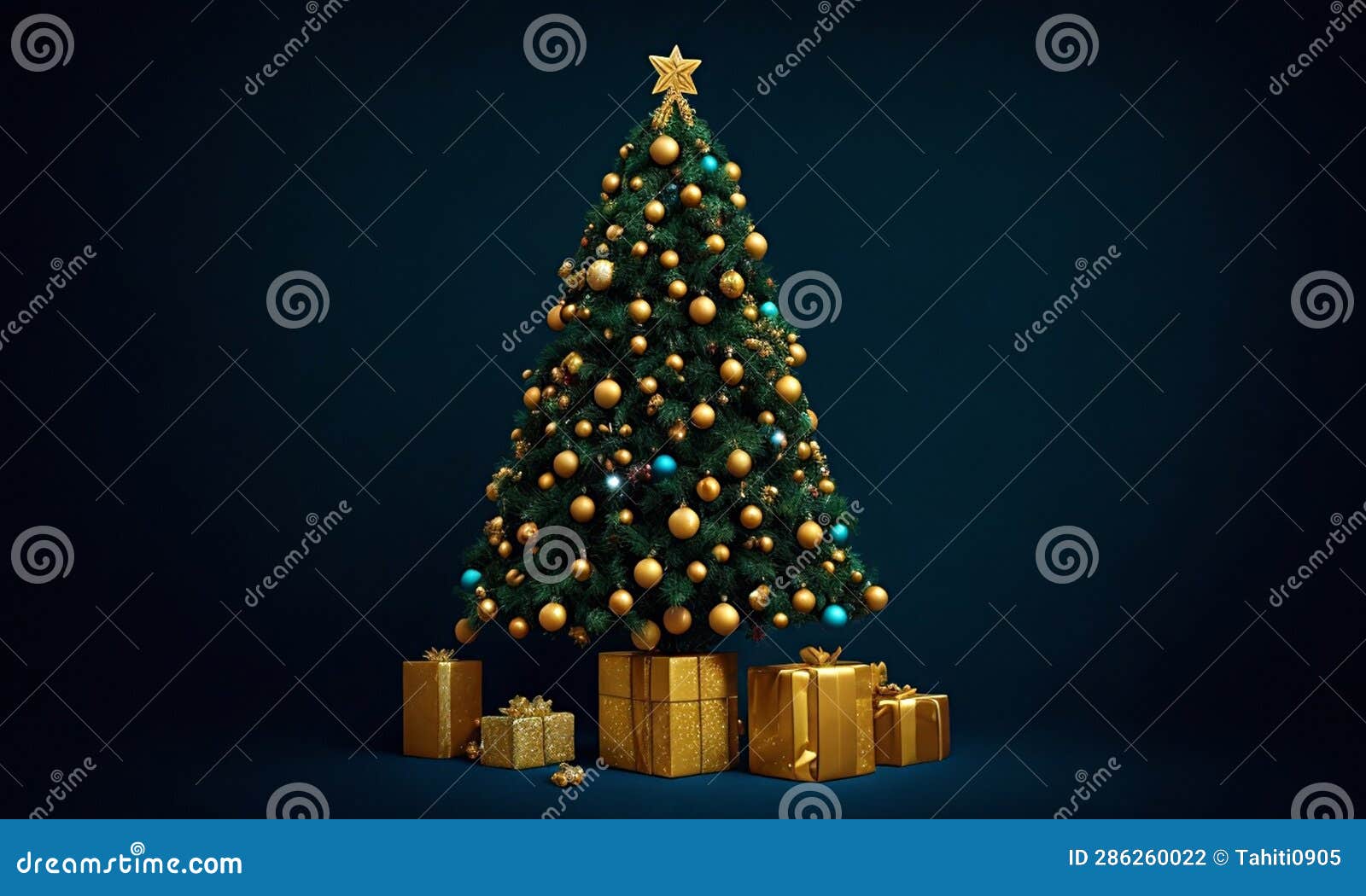 Christmas Tree with Garlands and Presents on a Blue Background Stock