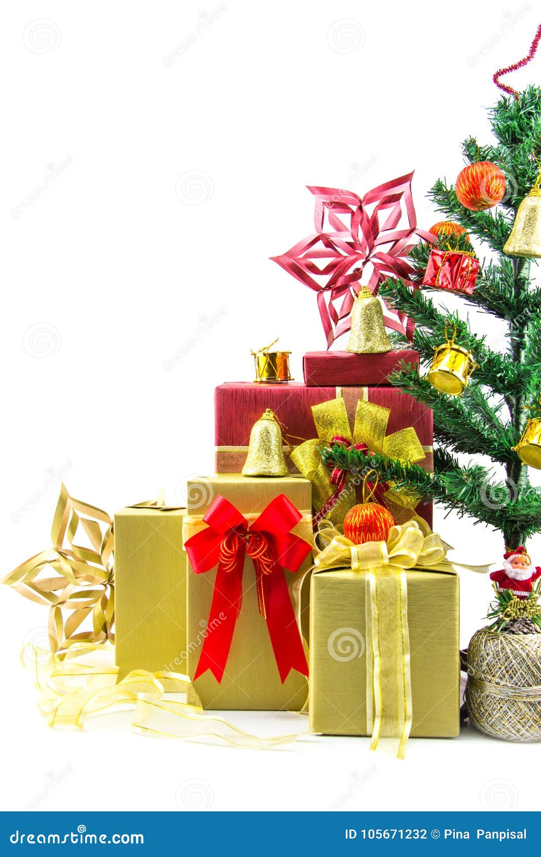 Christmas Tree with Gift Box and Decorations. Stock Photo Image of