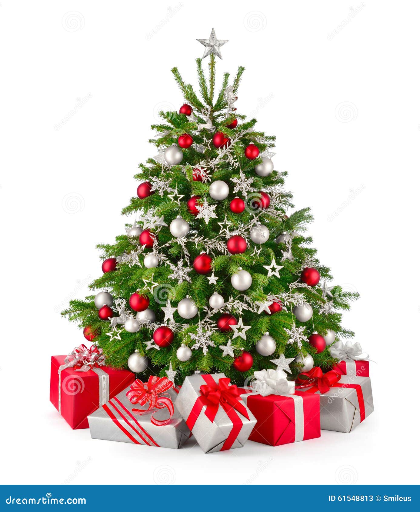 Christmas Tree And Gifts, In Red And Silver Stock Photo 