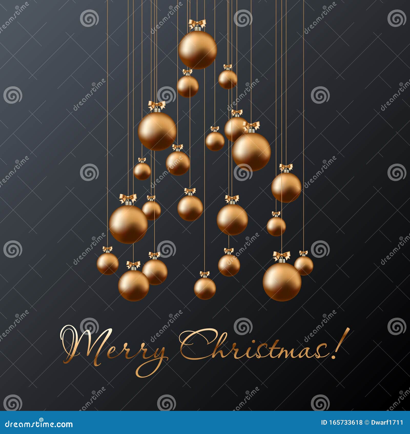 Christmas tree from gold balls and Merry Christmas golden handwritten calligraphic lettering on black background. Square social media post or banner vector template.
