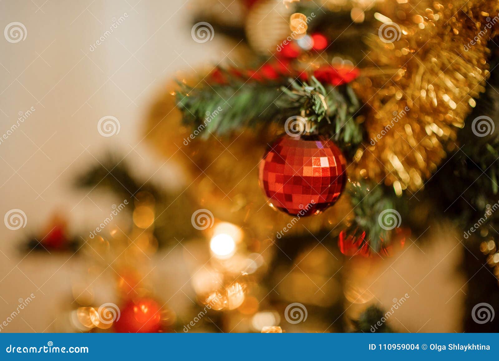 Christmas Tree Gold Decorations and Garland Stock Photo - Image of ...