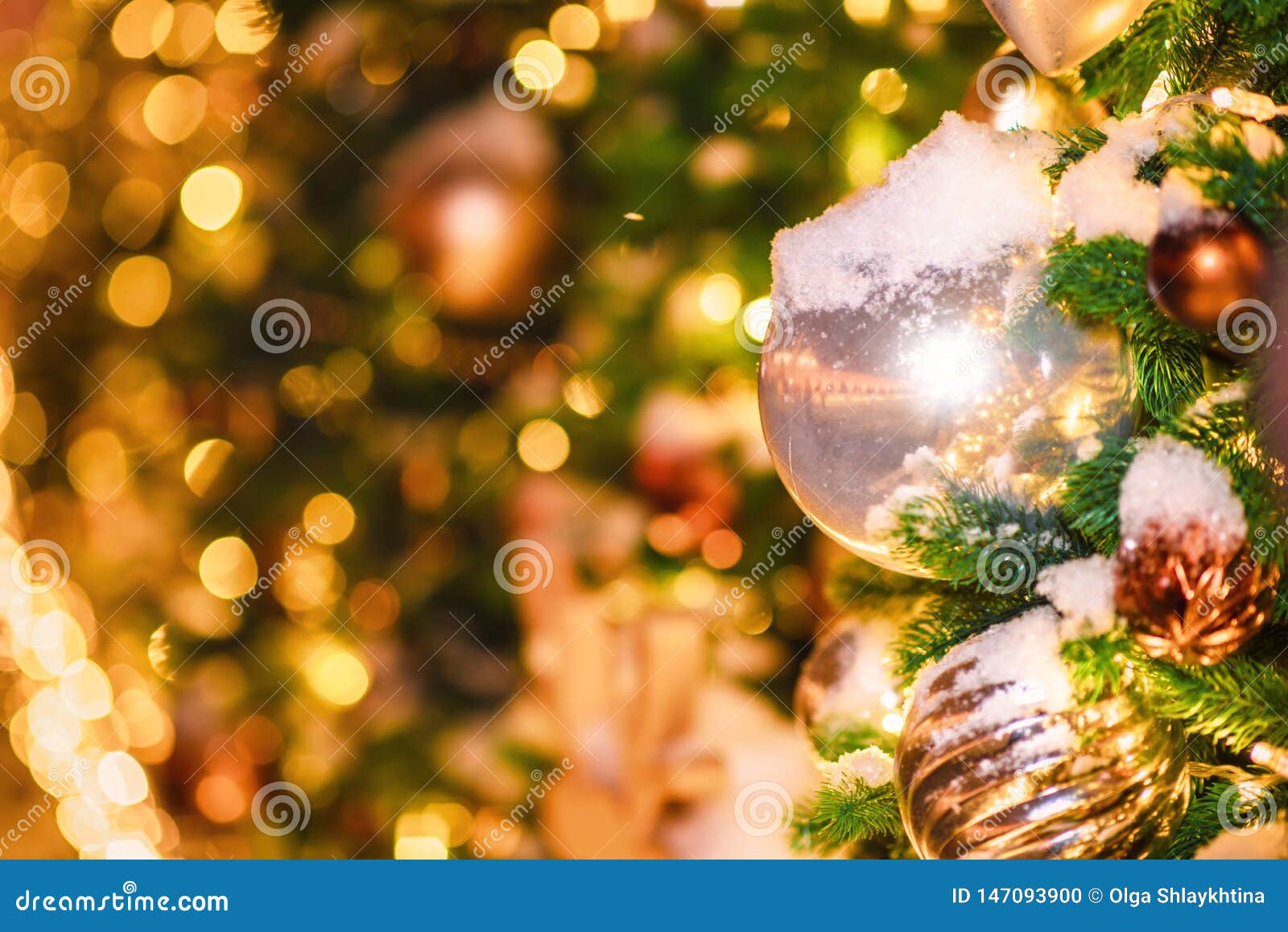 Christmas Tree Gold Decorations and Garland Stock Photo Image of