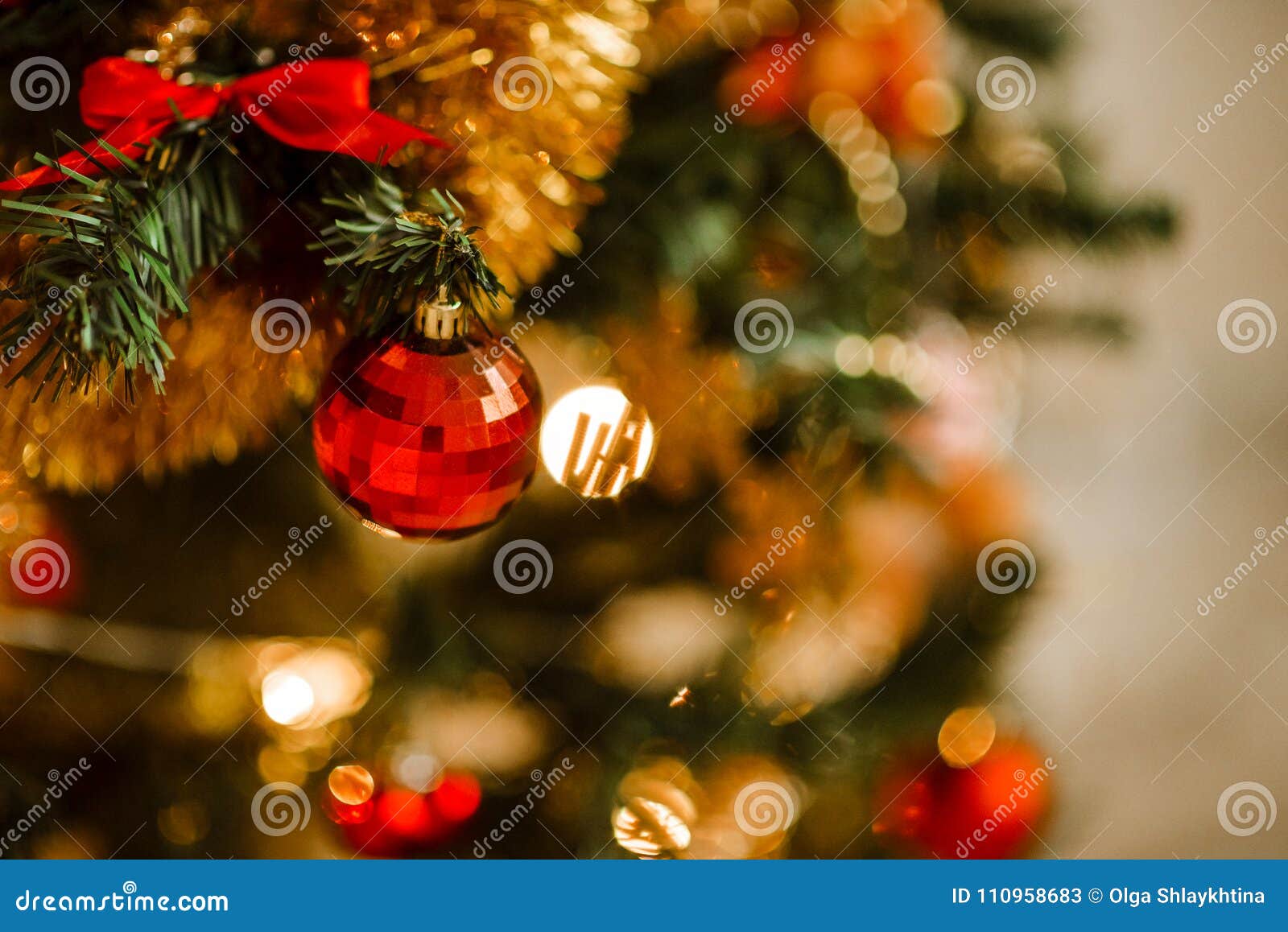 Christmas Tree Gold Decorations and Garland Stock Image - Image of ...