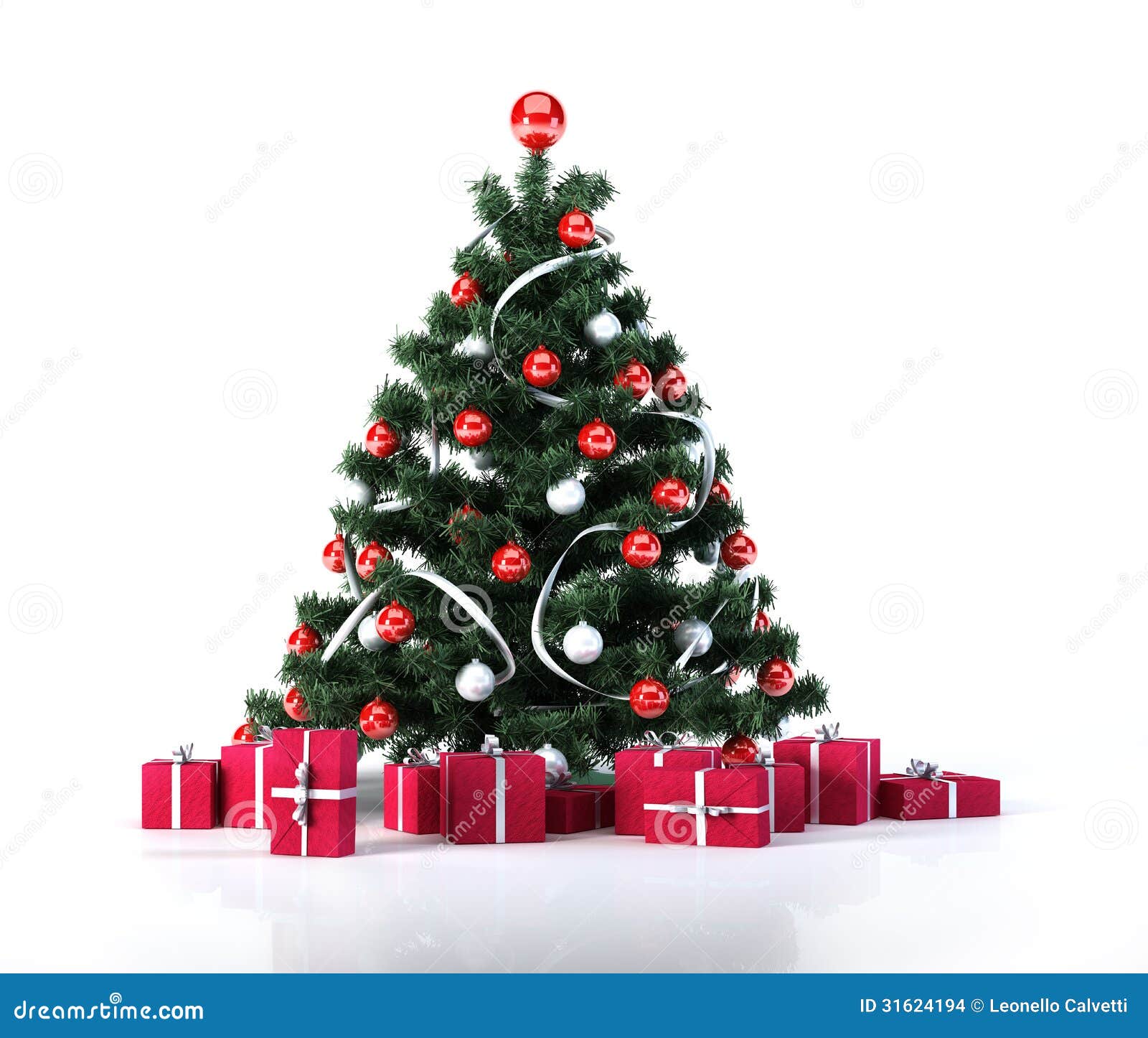  Christmas  Tree With Golden Balls Decoration  And Red Gifts 