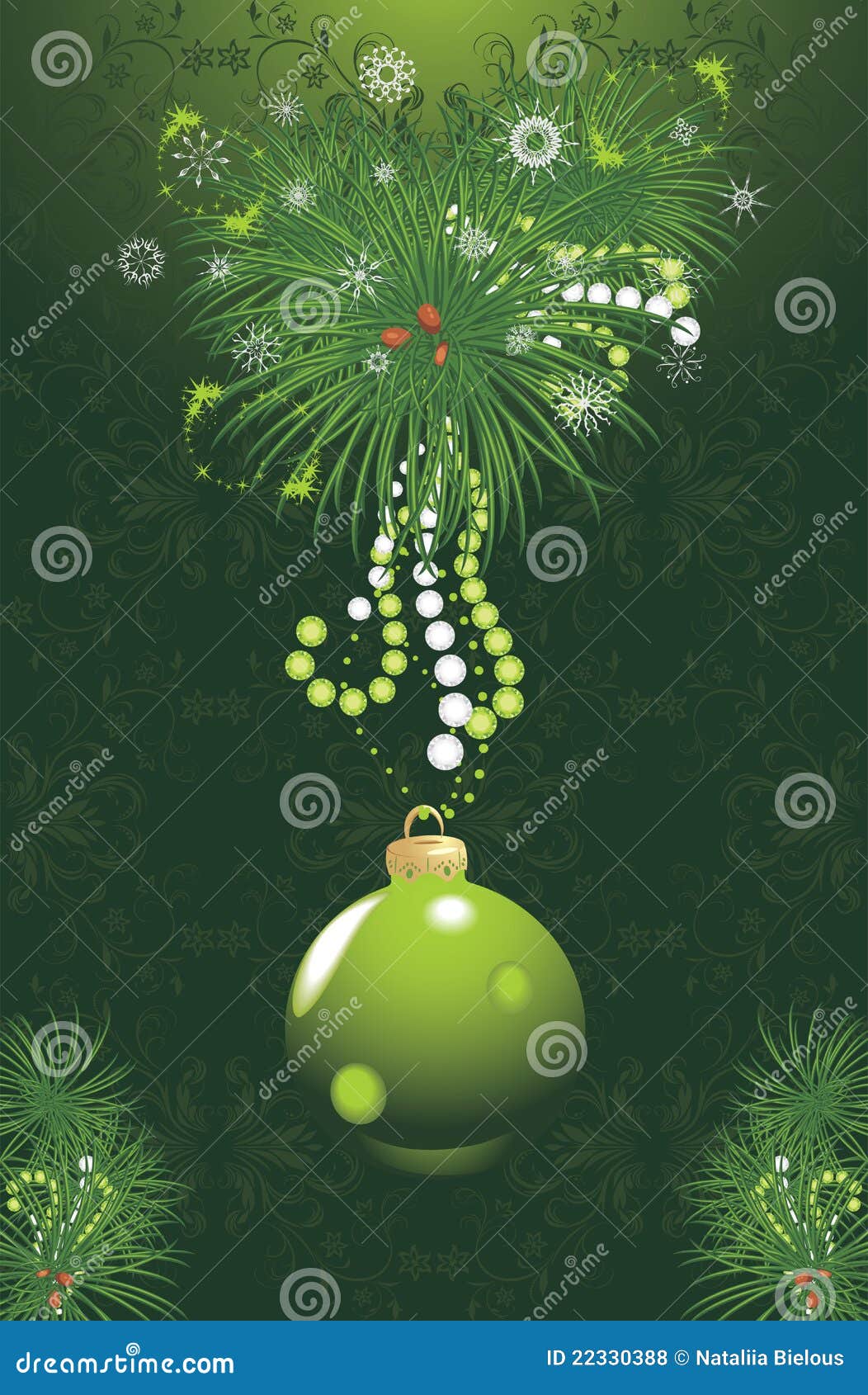 Christmas Tree with Green Ball and Tinsel. Card Stock Vector