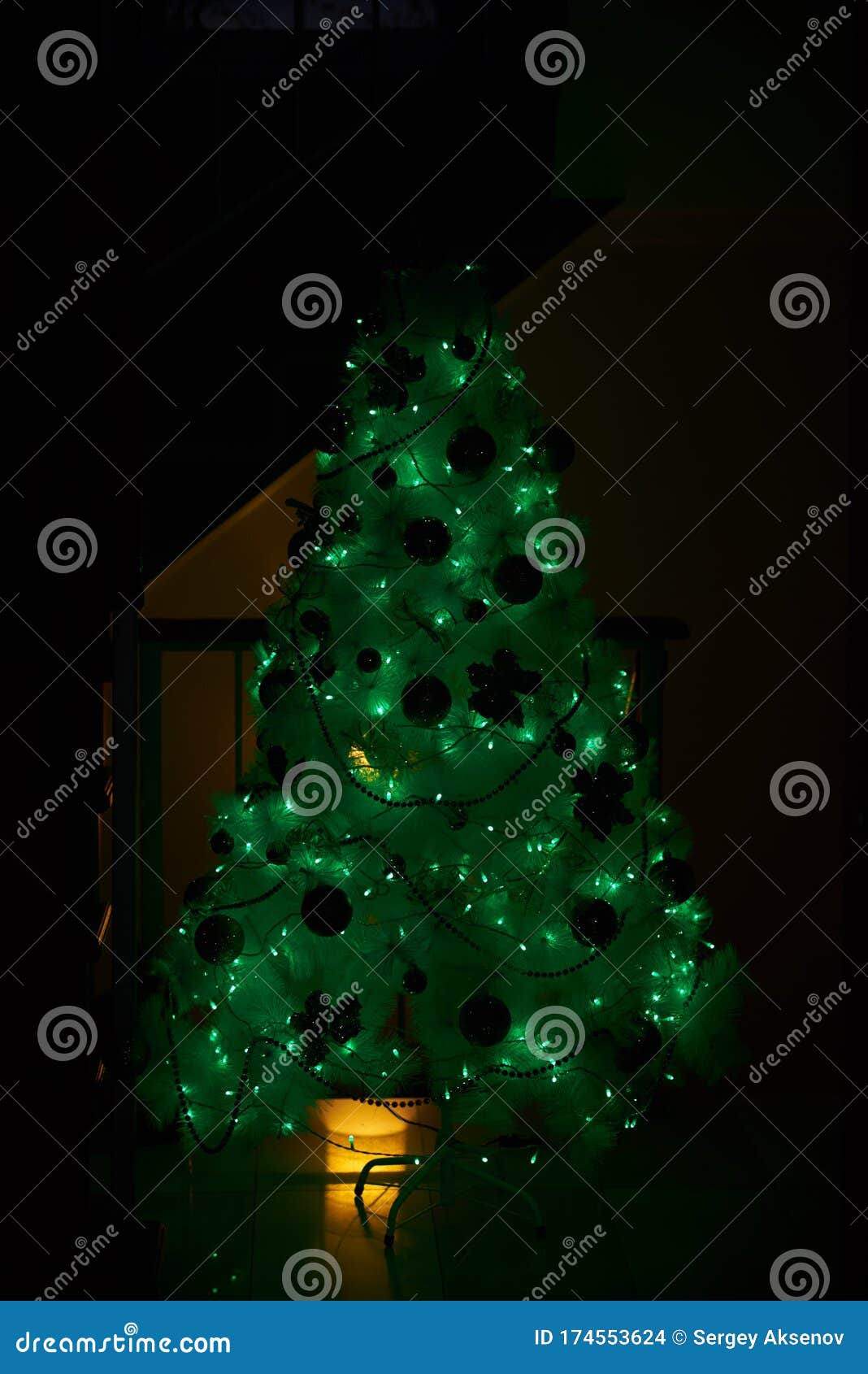 Christmas Tree with a Green Lights Stock Photo Image of background