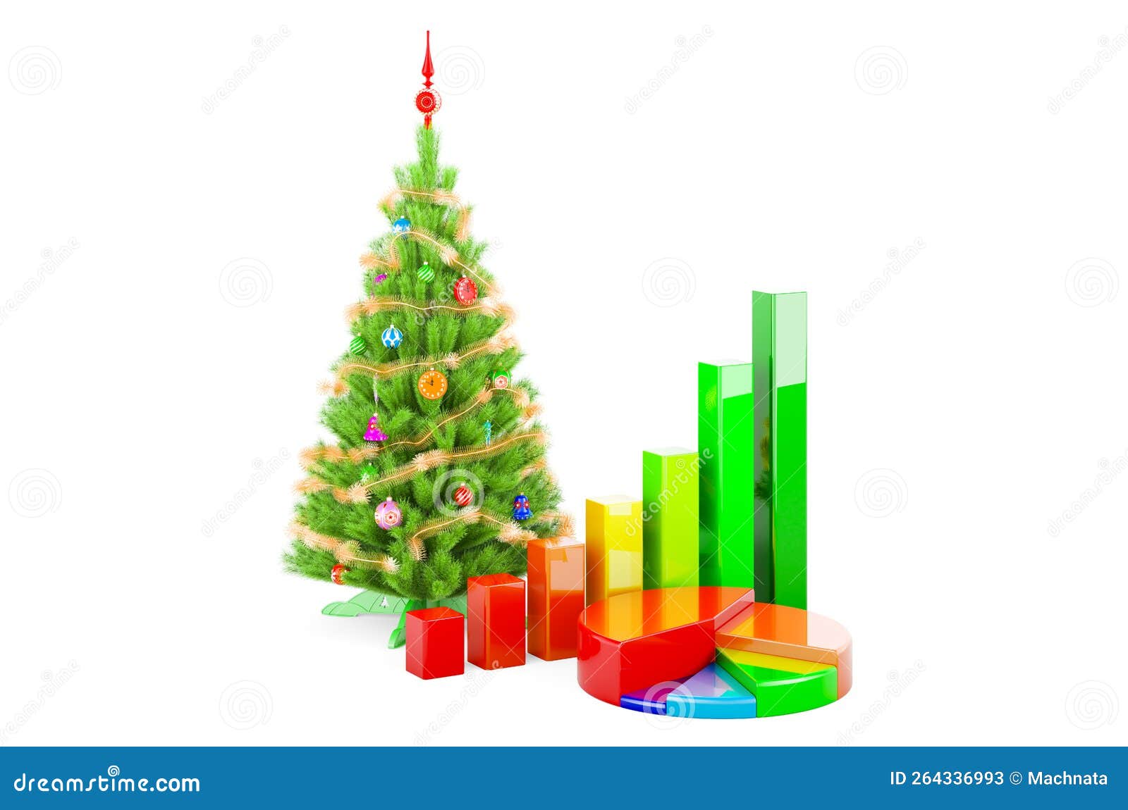 Christmas Tree with Growth Bar Graph and Pie Chart, 3D Rendering Stock