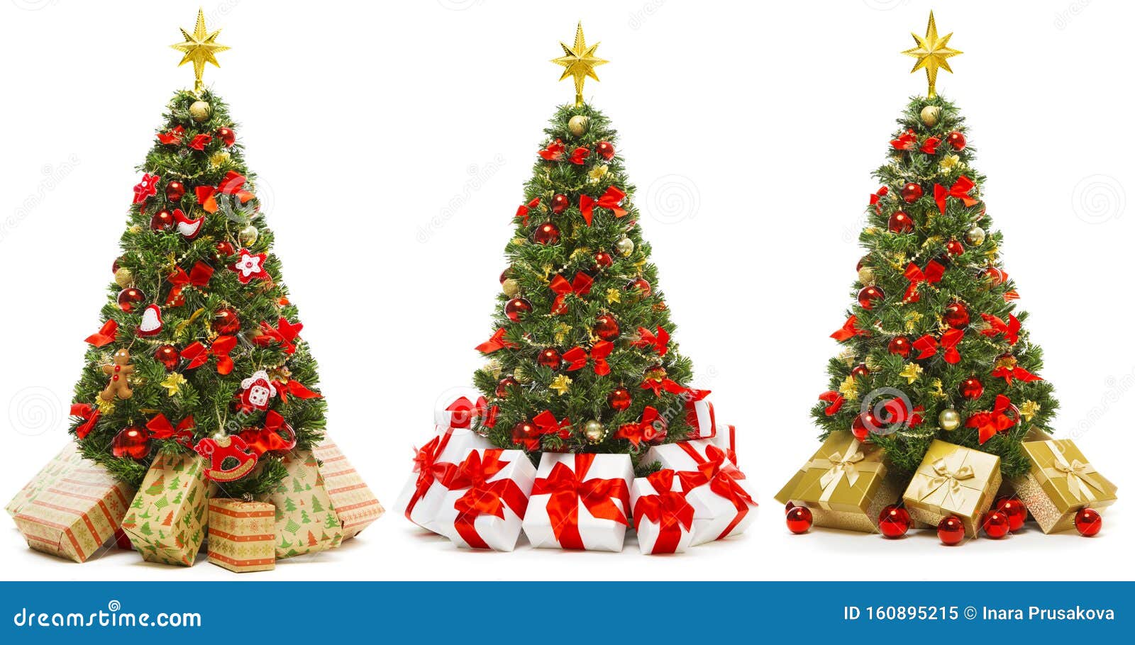 Christmas Tree Isolated on White, Set of Decorated Xmas Tree with Present Gift Boxes Stock Image