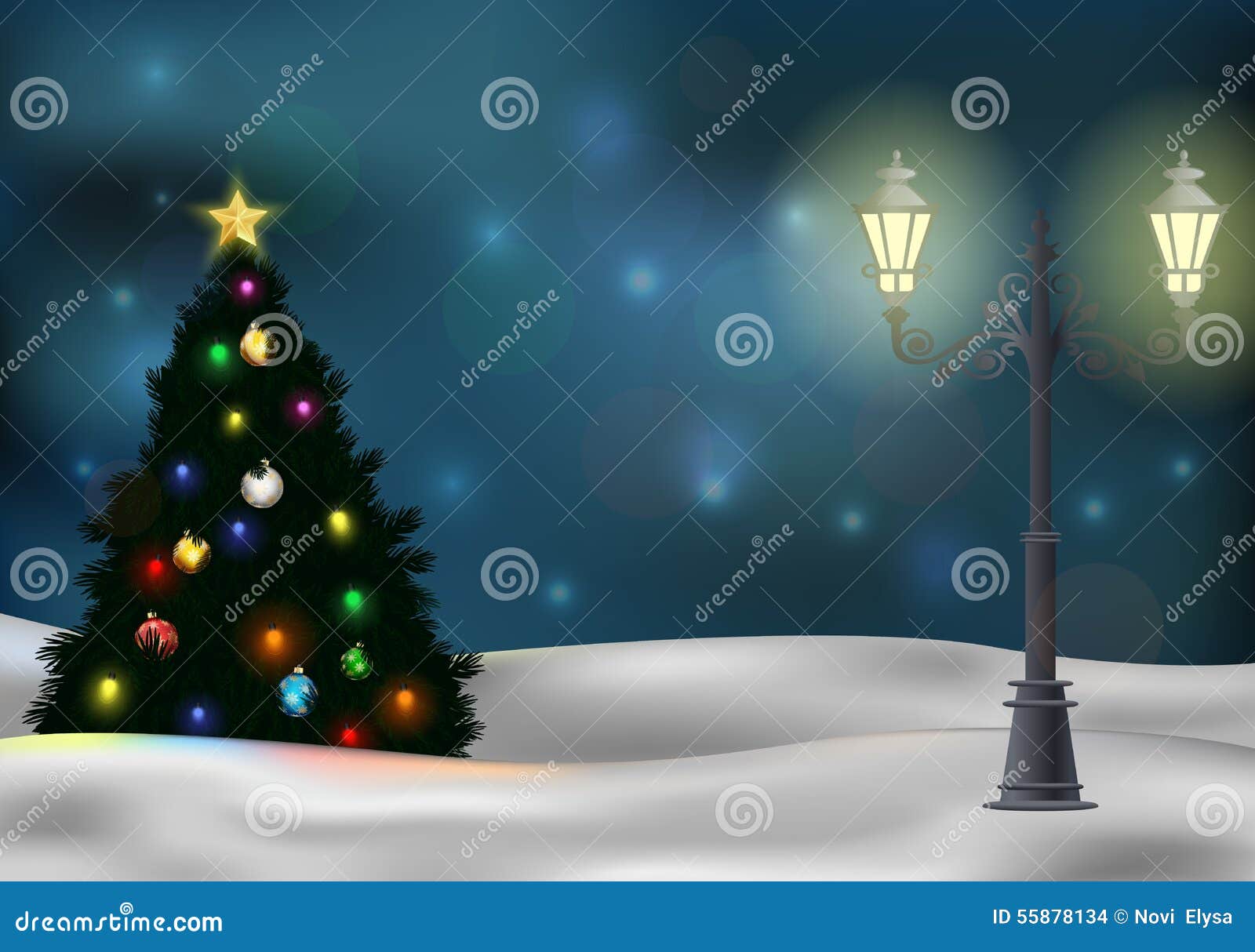 Christmas Tree and Lamp Post on Winter Background Stock Vector Illustration of santa, december