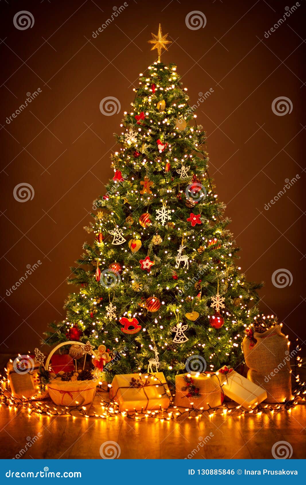 christmas tree lighting in night, xmas decorations hanging