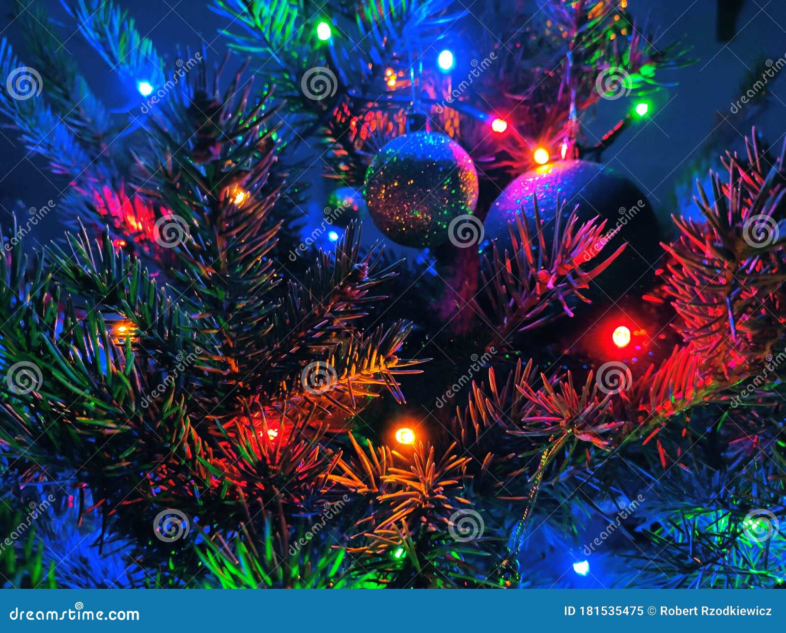 Christmas Tree Lights and Decorations Stock Image Image of darkness