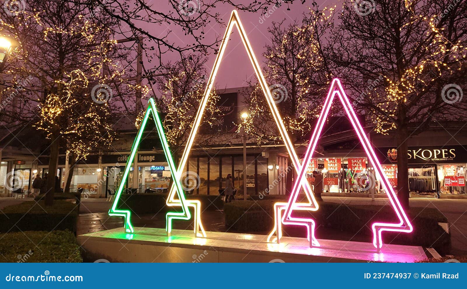 Christmas Tree Lights Illumination Night Shops Stock Image Image of