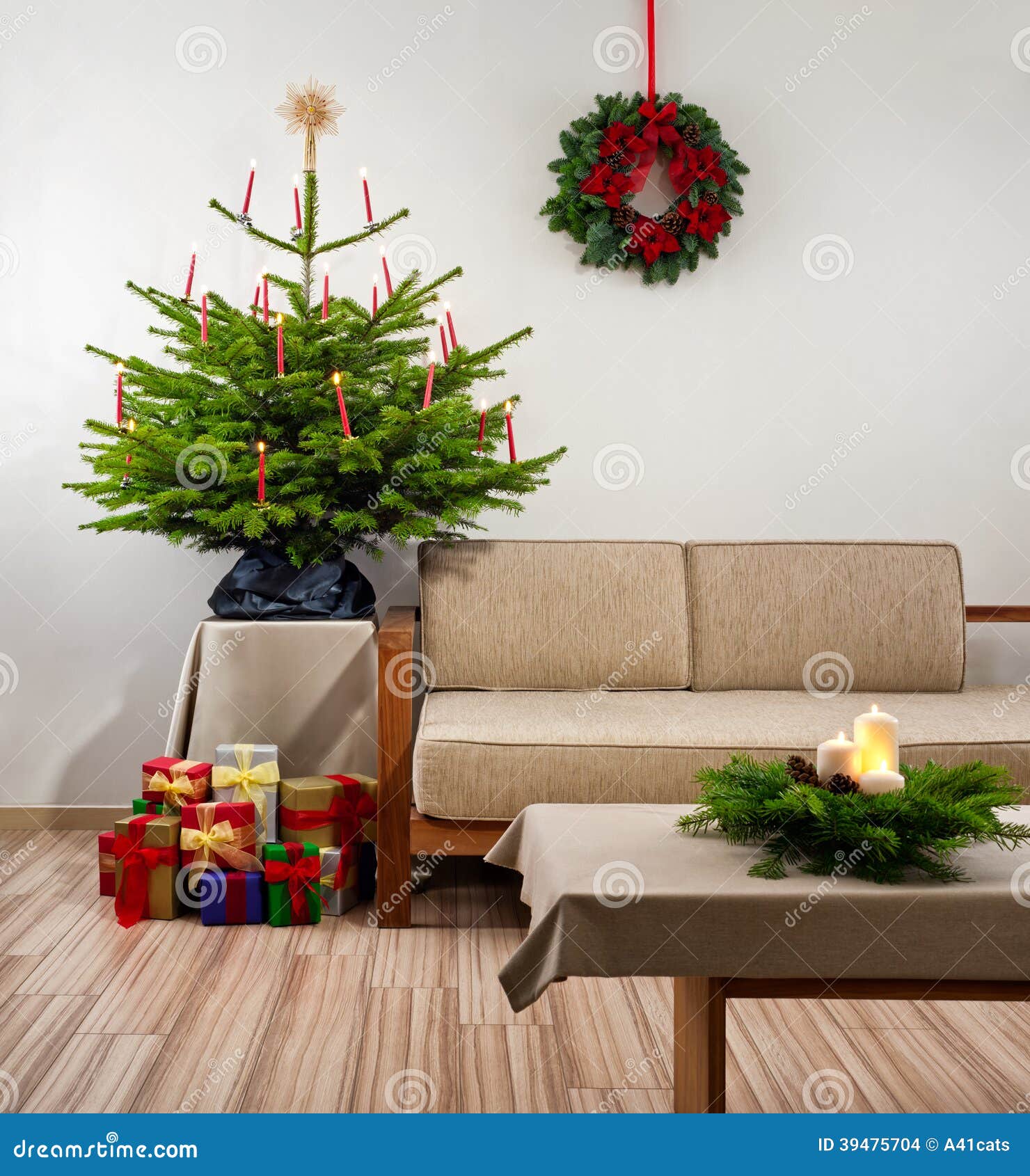 Christmas Tree in Living Room Stock Photo Image of present, lights