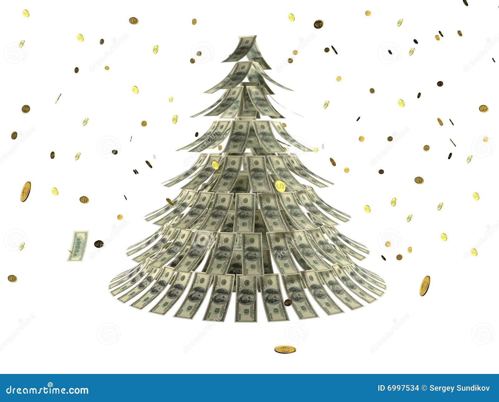 Christmas tree made by dollars with coin as snow