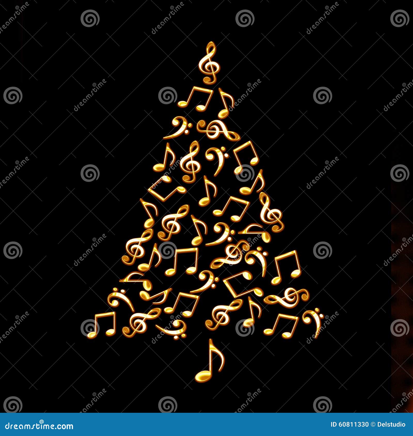 christmas tree made of shiny golden musical notes on black