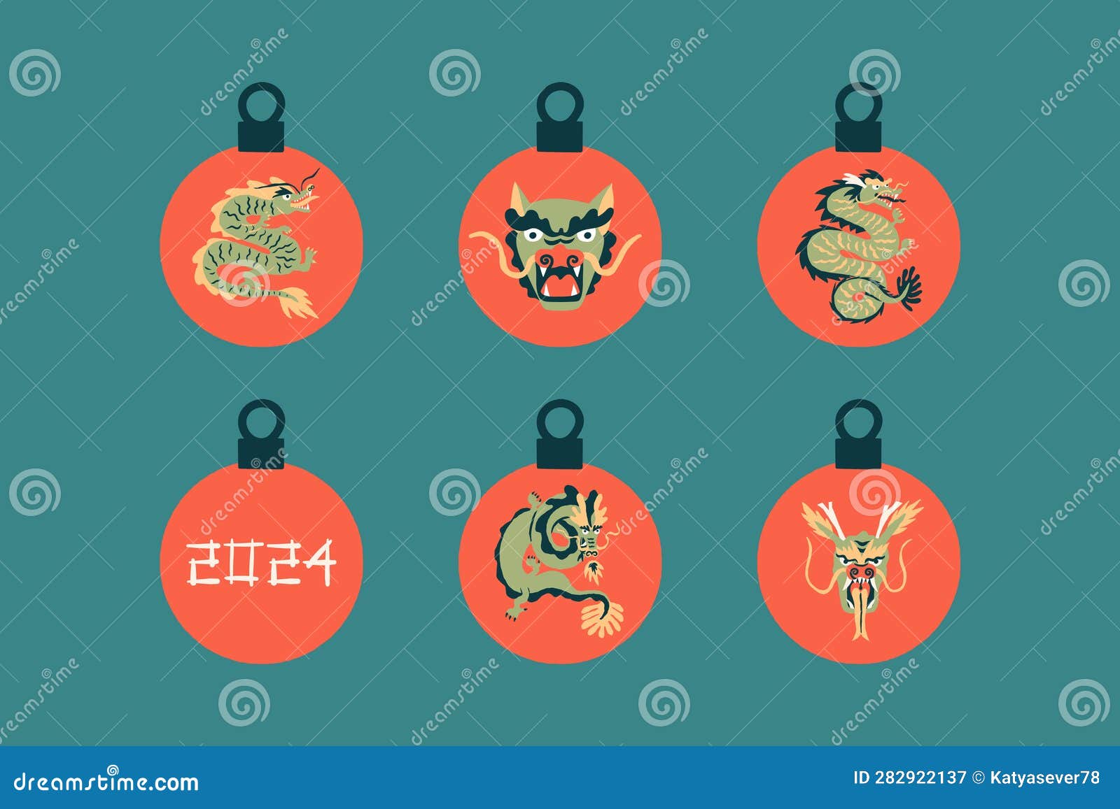 Christmas Tree Oriental Dragon Baubles Clipart Set, Lunar Calendar 2024