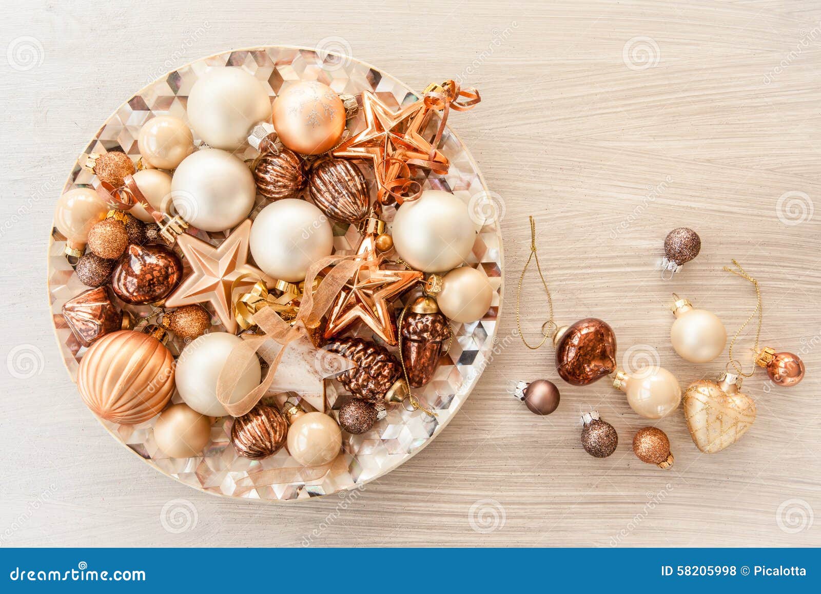 Christmas Tree Ornaments in Bronze Tones Stock Photo - Image of vintage ...