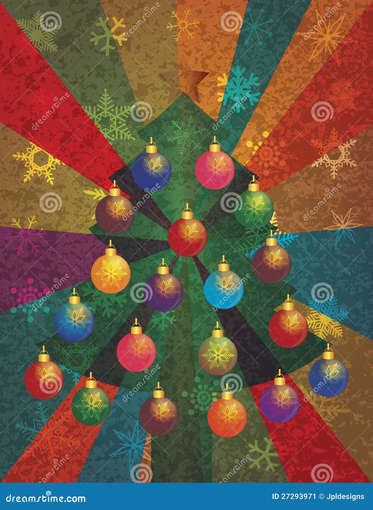 Christmas Tree with Ornaments on Rays Background Stock Illustration