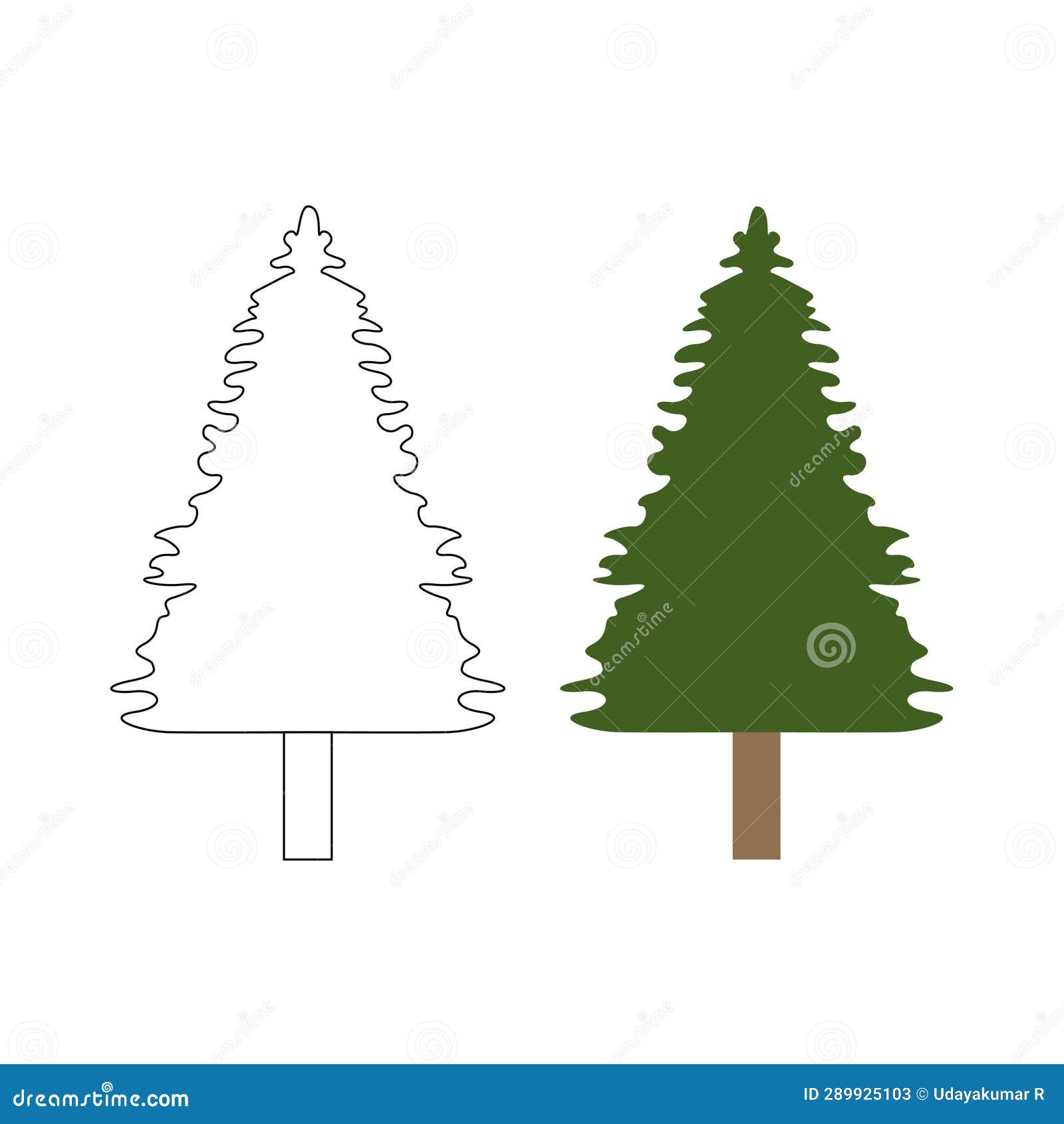 Christmas Tree Outline and Filled Vector Illustration Stock Vector