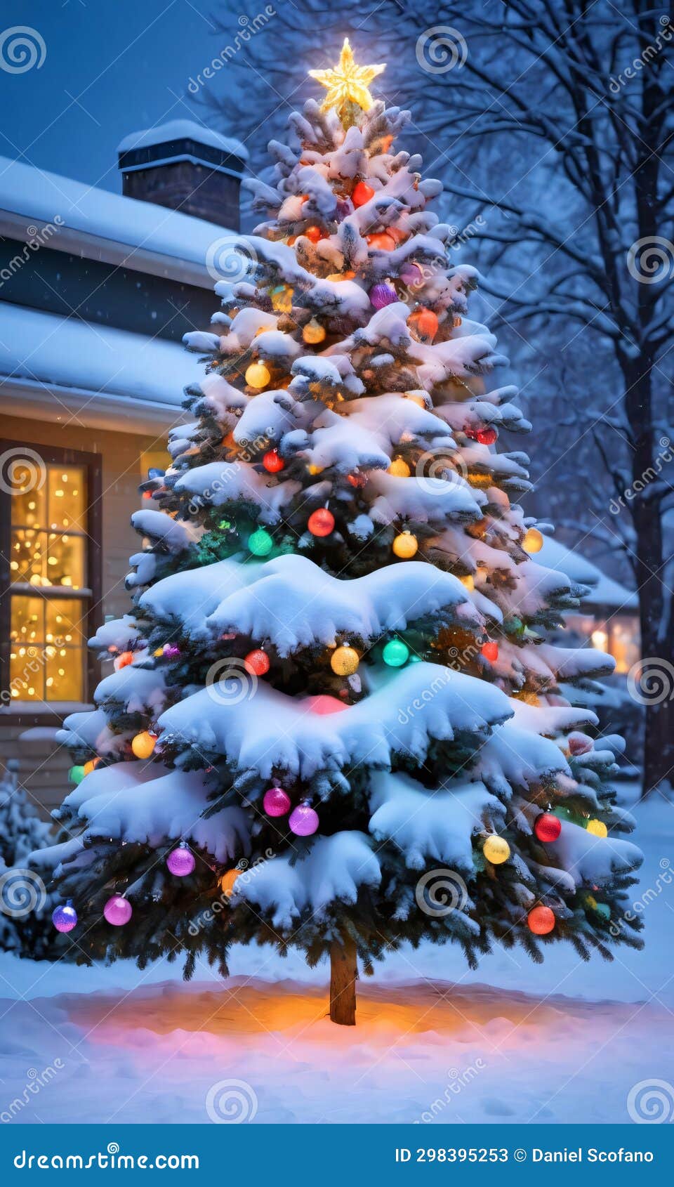 A Christmas Tree Outside, Covered in Snow, with Colorful Lights. Generative AI Stock Image