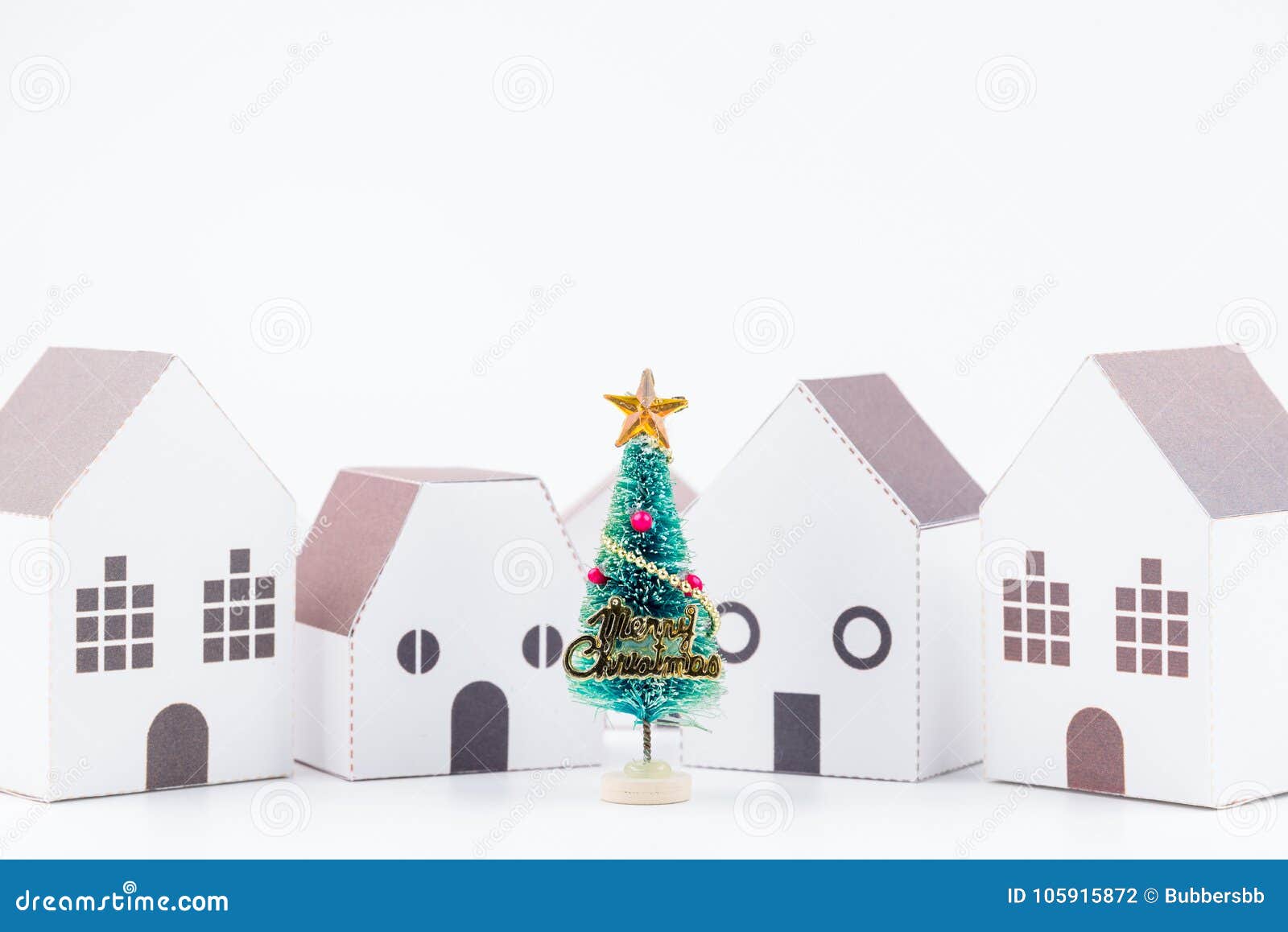 Download Christmas Tree In The Paper House Town Isolated White Backgro Stock Image