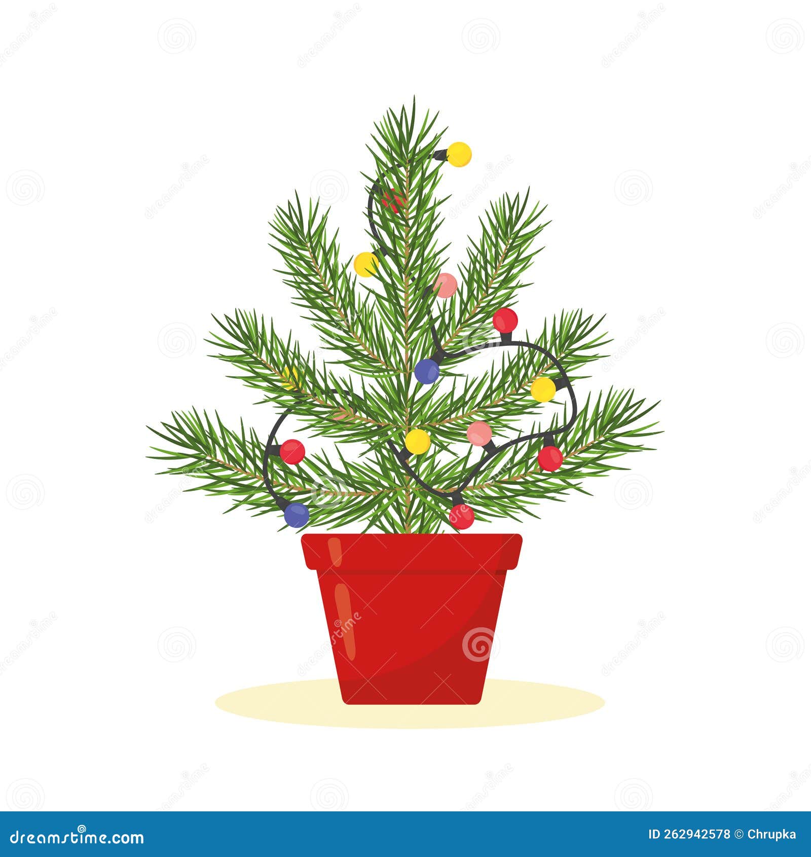 Christmas Tree in a Pot with with Glowing Lights Stock Vector Illustration of celebrate