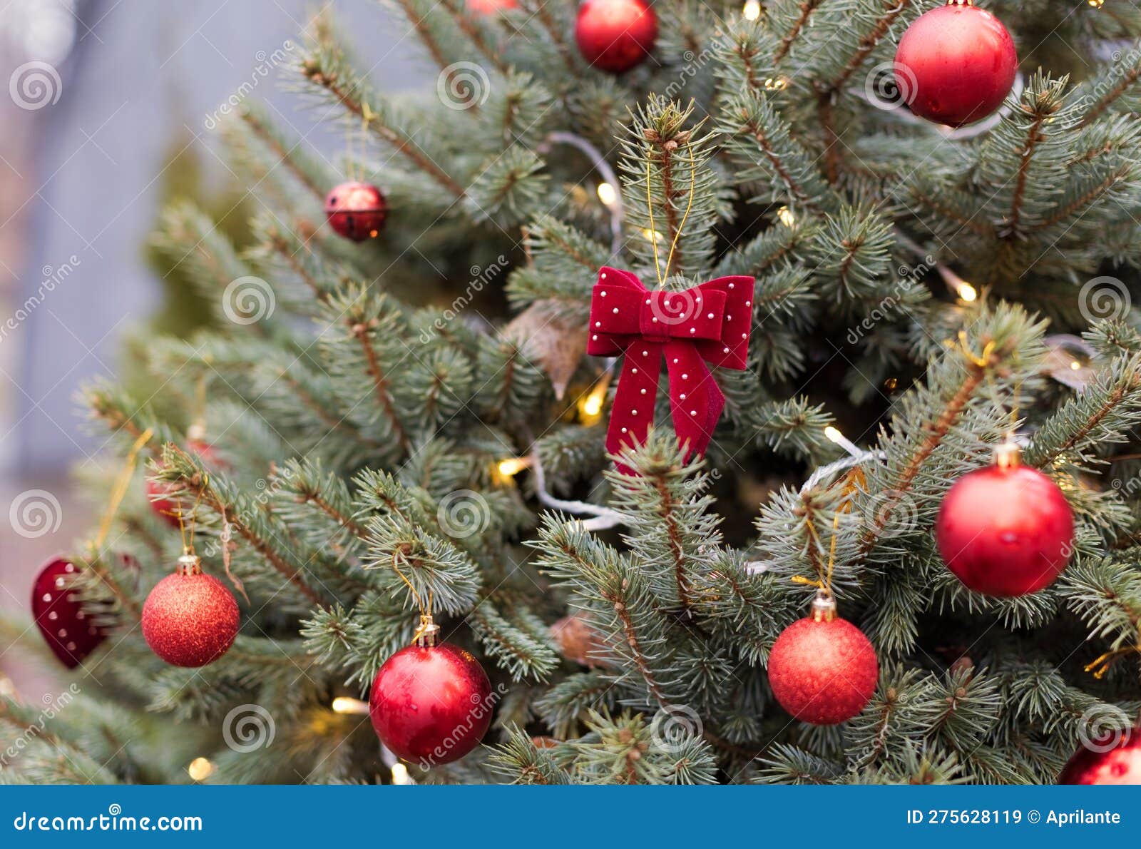 Christmas Tree with Red Decorations Lights Stock Image - Image of ...