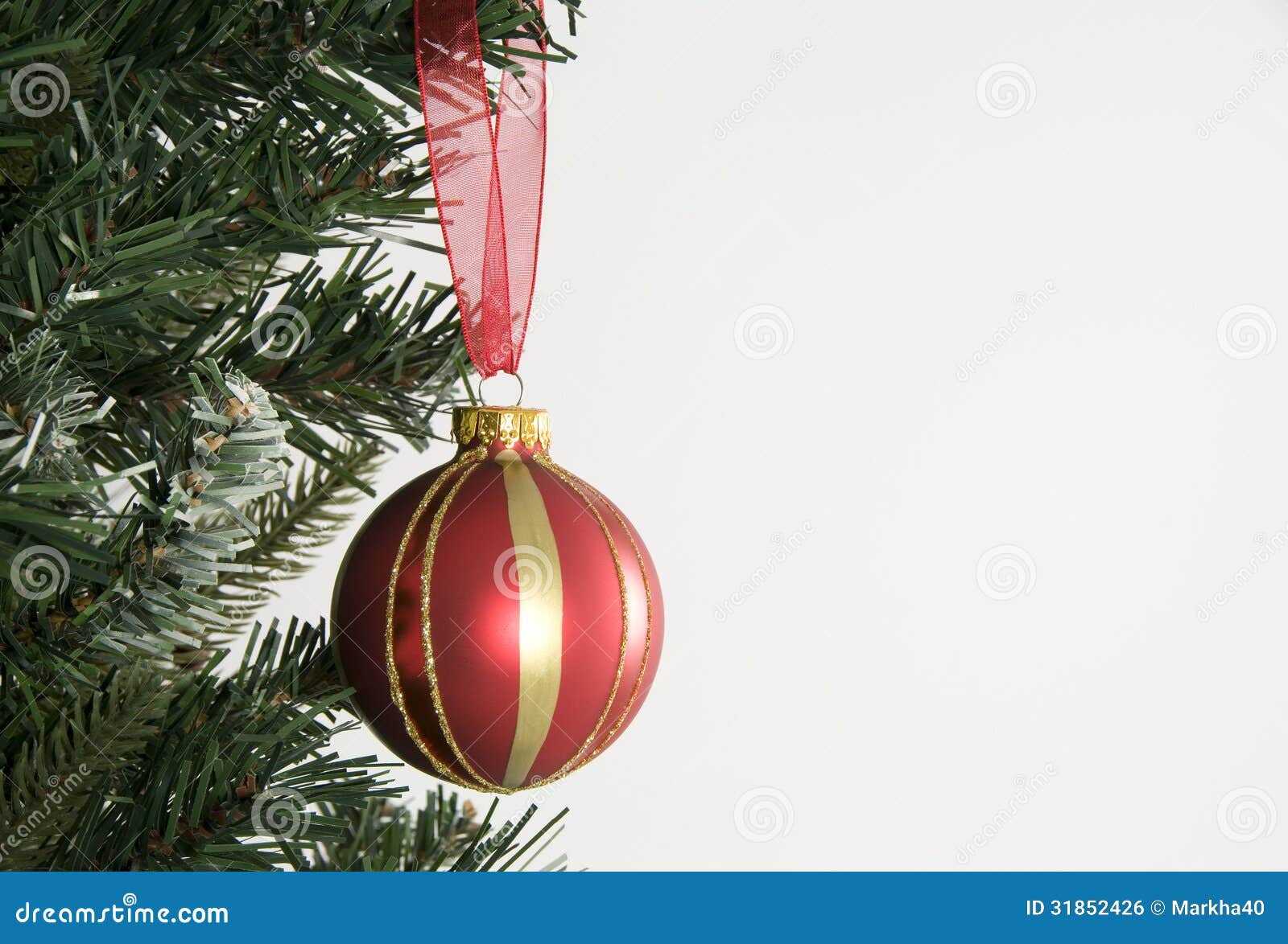 Christmas Tree And Red Hanging Decoration Stock Photo 