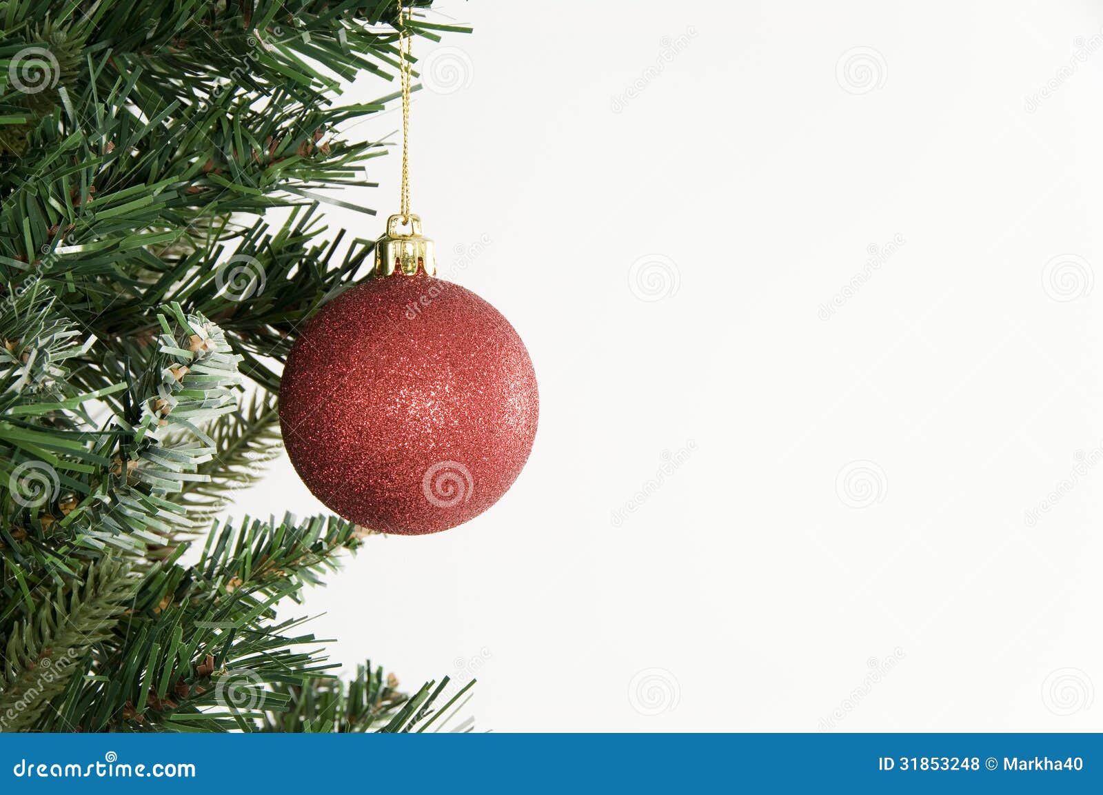 Christmas Tree and Red Ornament on White Background Stock Photo - Image