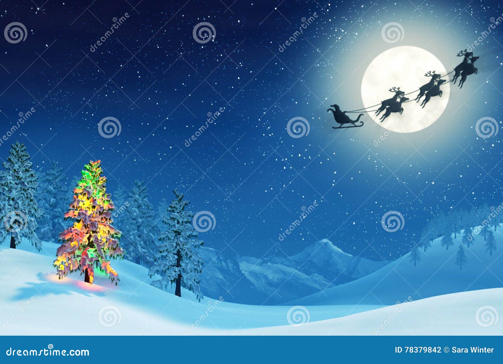 christmas tree and santa in moonlit winter landscape
