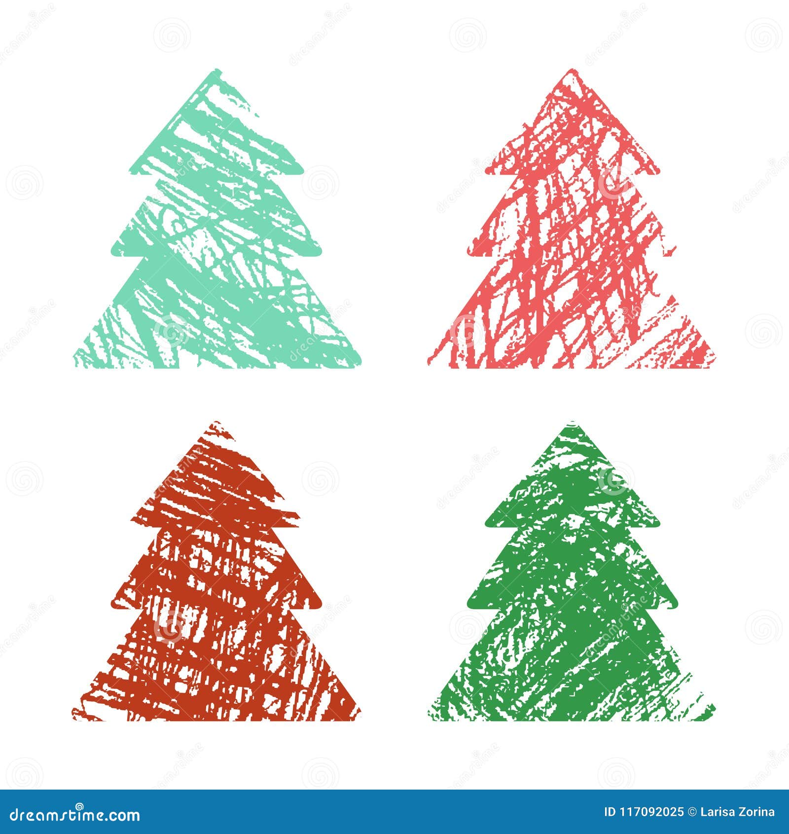 Christmas Tree Set With Crayon Hand Drawing Artistic Stroke