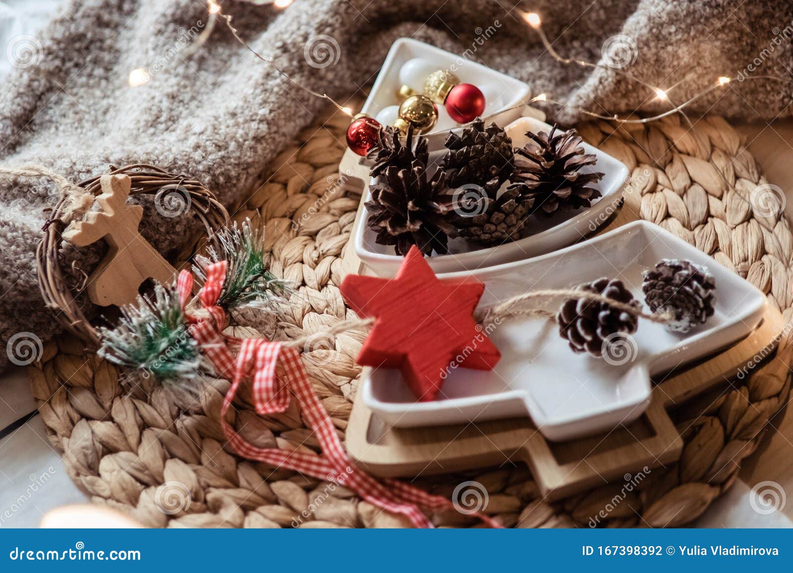 Christmas Tree Shaped Plate with Cones and Decorations on Rustic Serve
