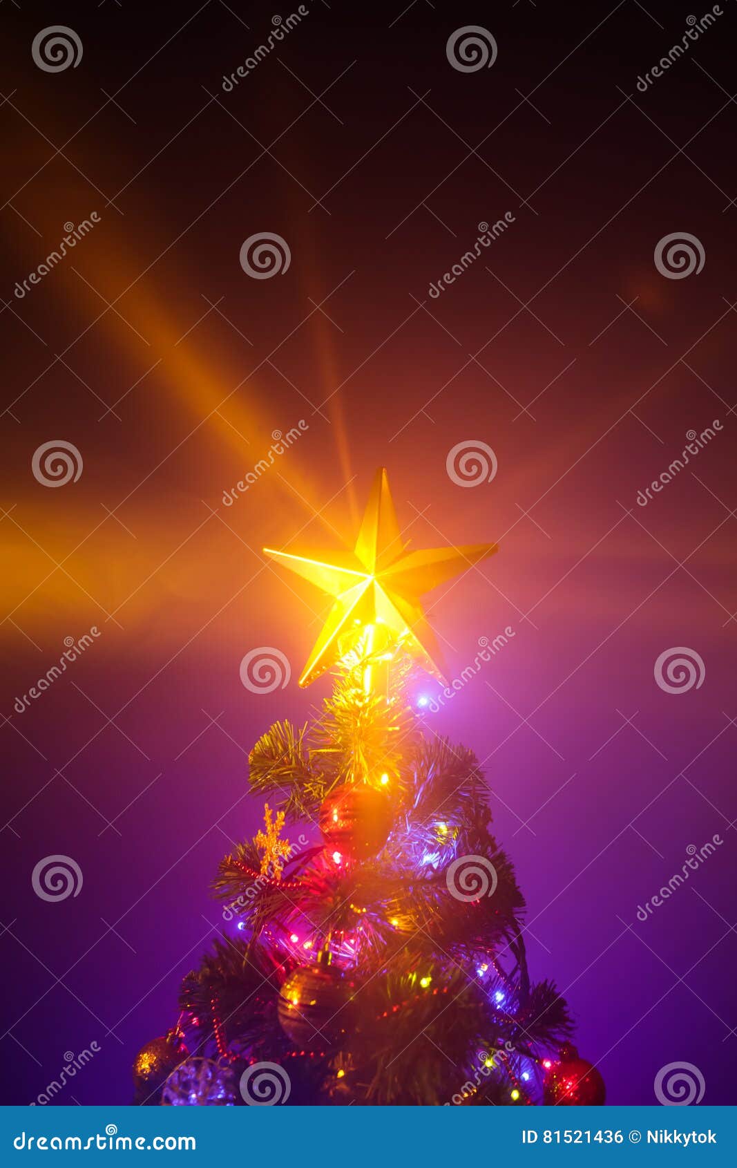Christmas Tree with Shining Star Stock Photo Image of gold, purple