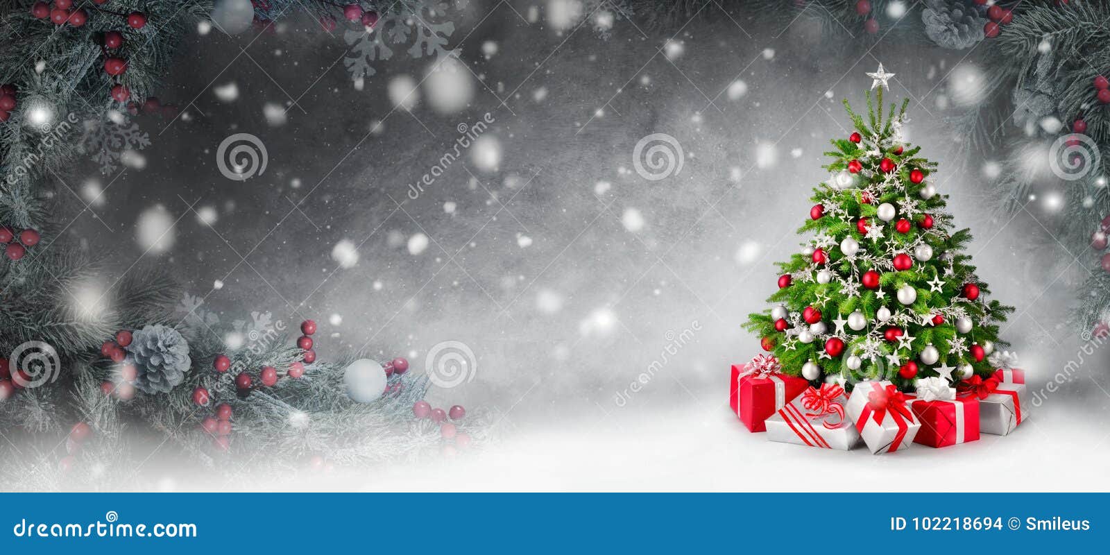 christmas tree and snow background framed by fir branches