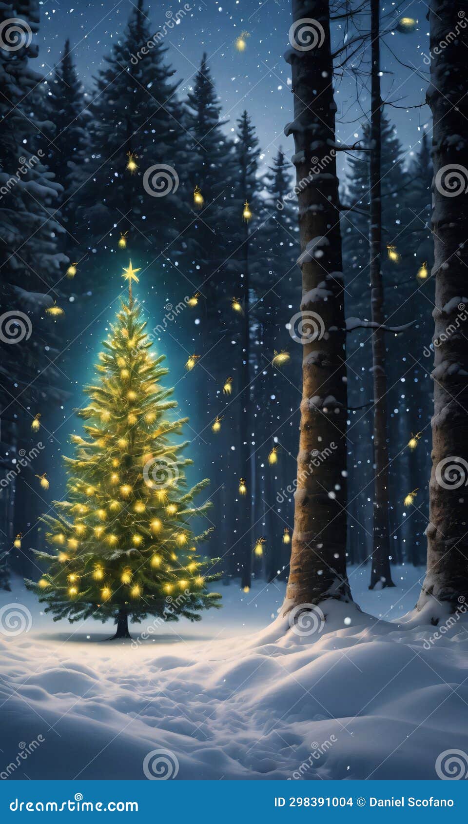 A Christmas Tree in a Snowy Forest Clearing, Illuminated by Fireflies