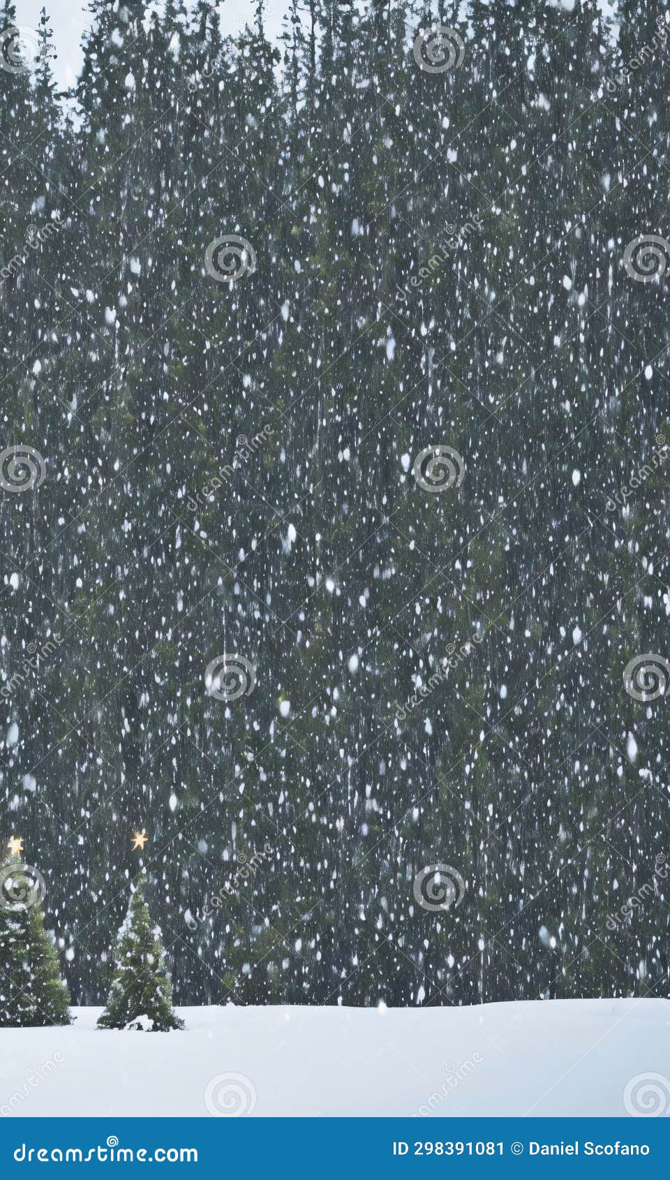 A Christmas Tree in a Snowy Forest Clearing, Illuminated by Fireflies