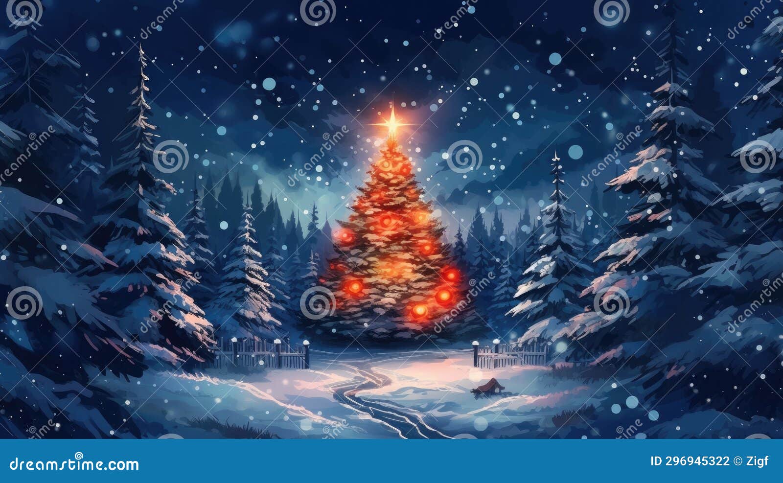 Christmas Tree in a Snowy Forest Stock Illustration Illustration of