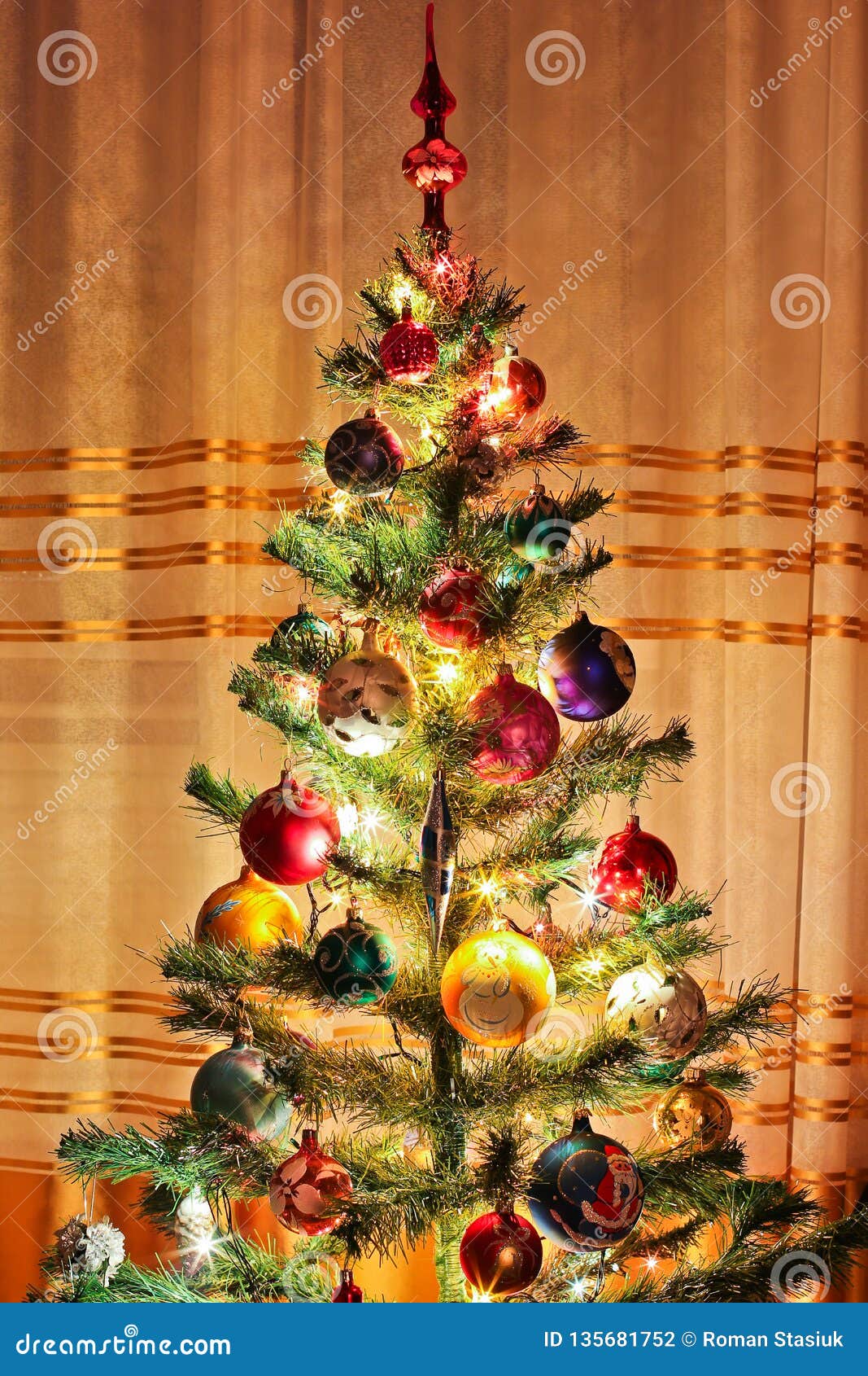 Christmas Tree with Christmas Toys. Christmas Tree Lights Stock Photo