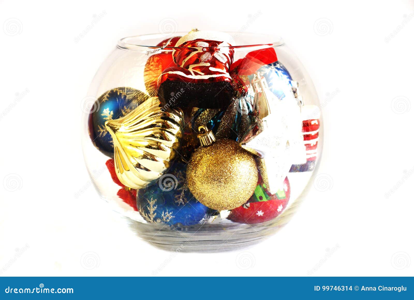 Christmas Tree Toys in a Round Glass Vase Stock Photo Image of green