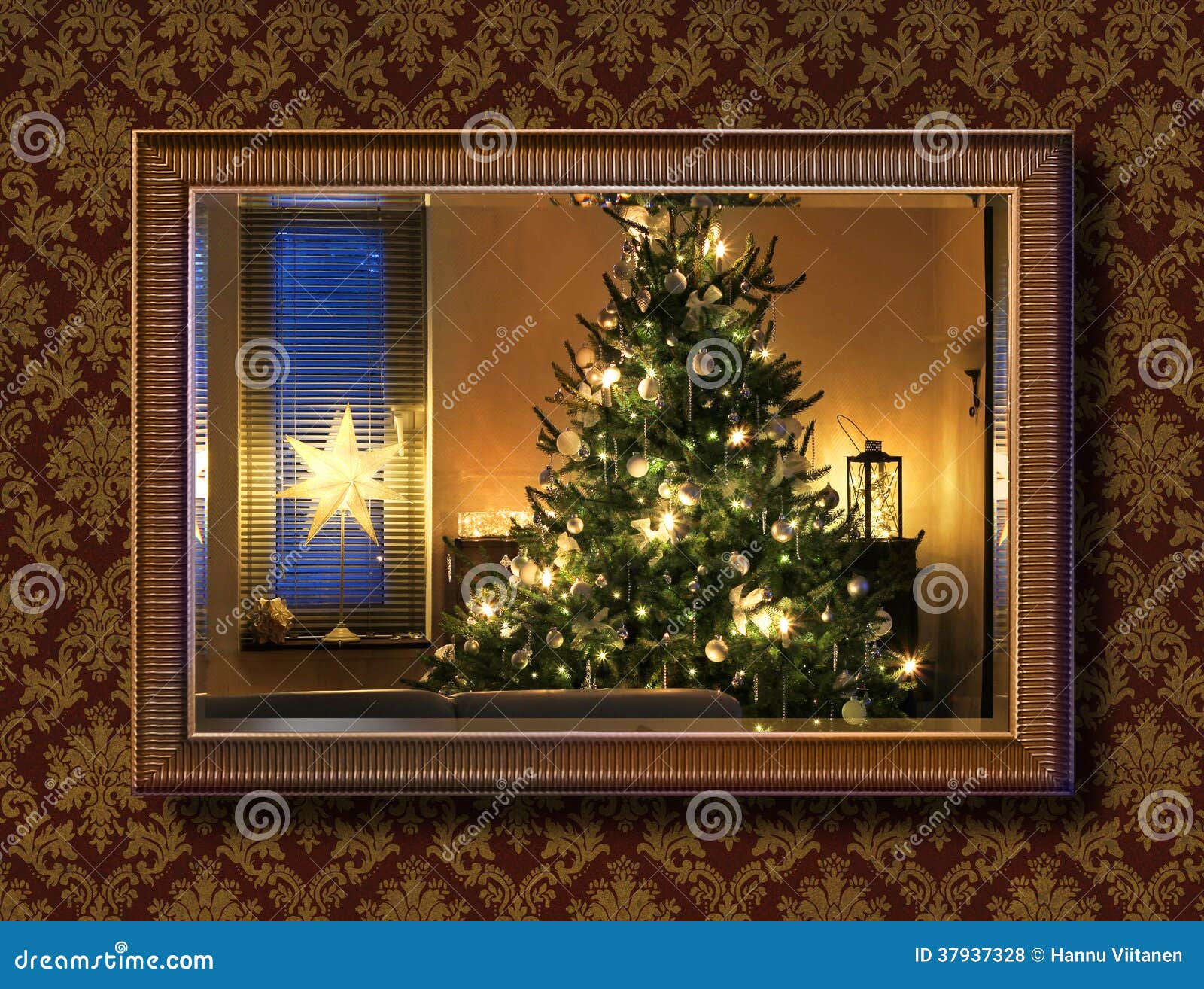 Christmas Tree in Wall Mirror Stock Photo Image of decorated, home