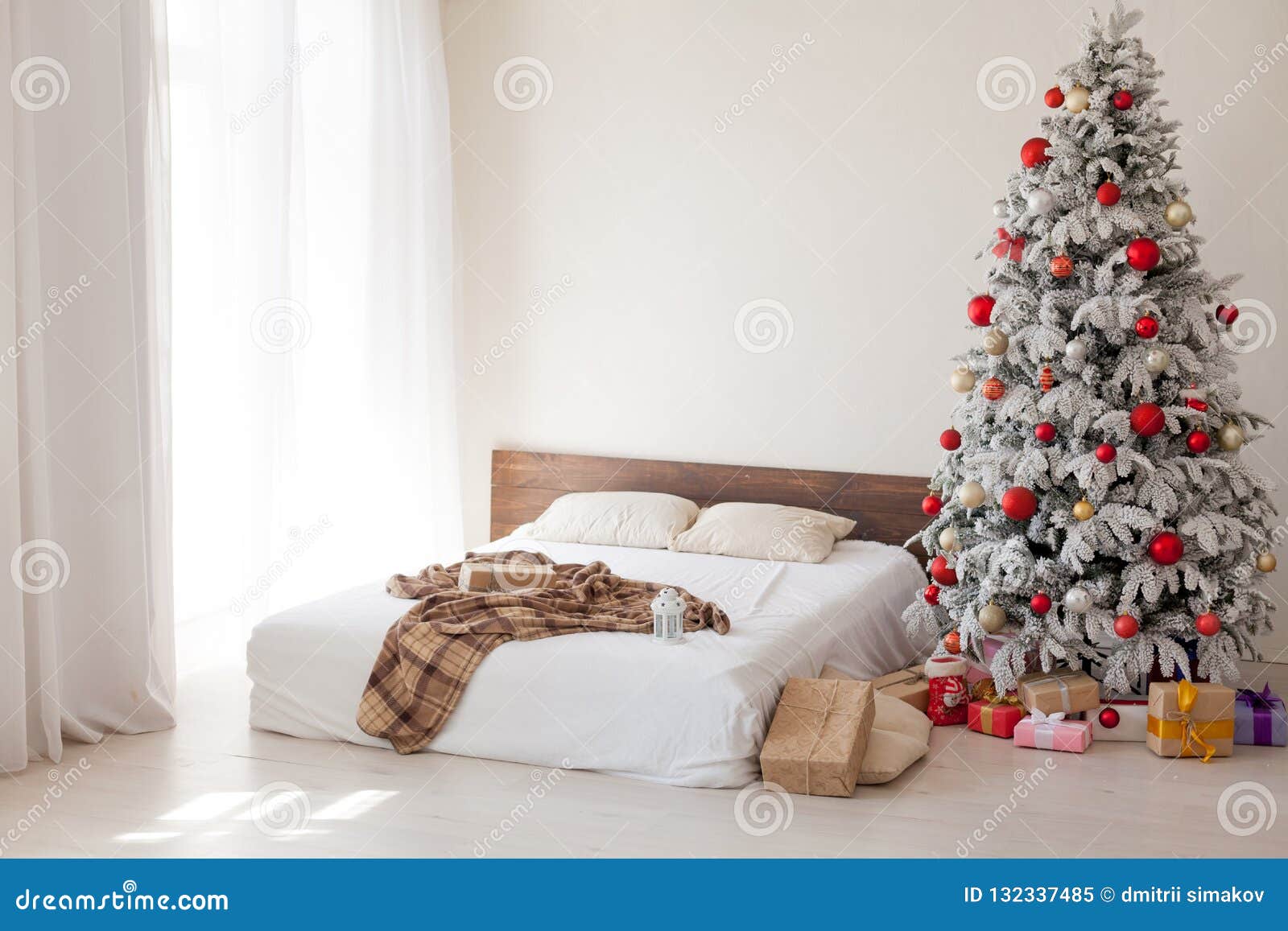 Christmas Tree in a White Bedroom with Bed Interior of New Year Gifts ...