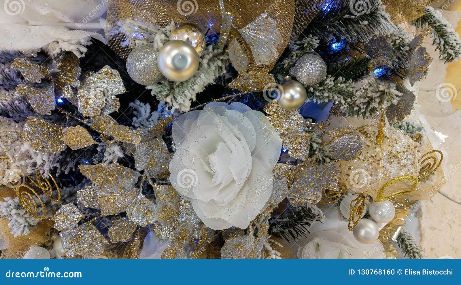 Christmas Tree with White Rose and Silver Decorations Stock Photo Image of living, still