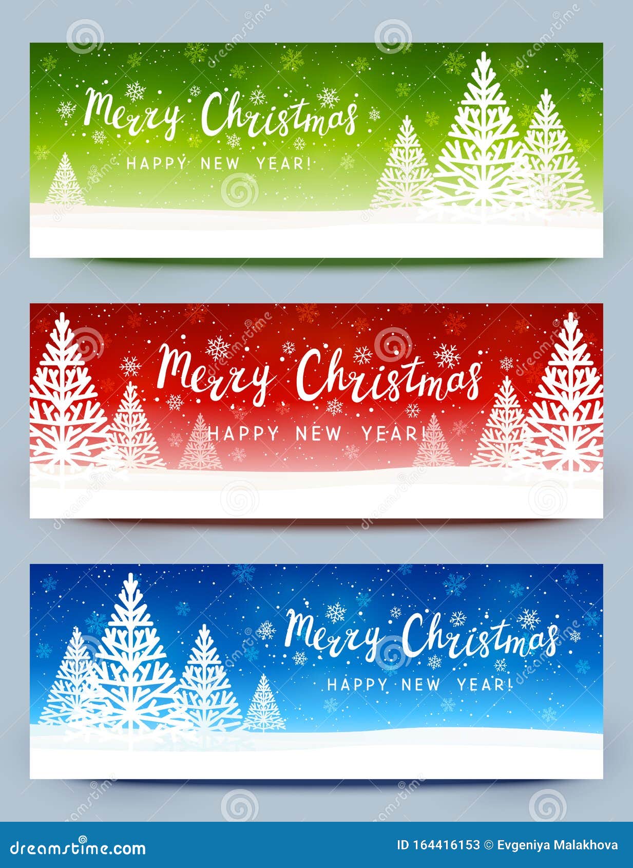 Christmas Trees on Color Starry Background - Set of Vector Horizontal ...