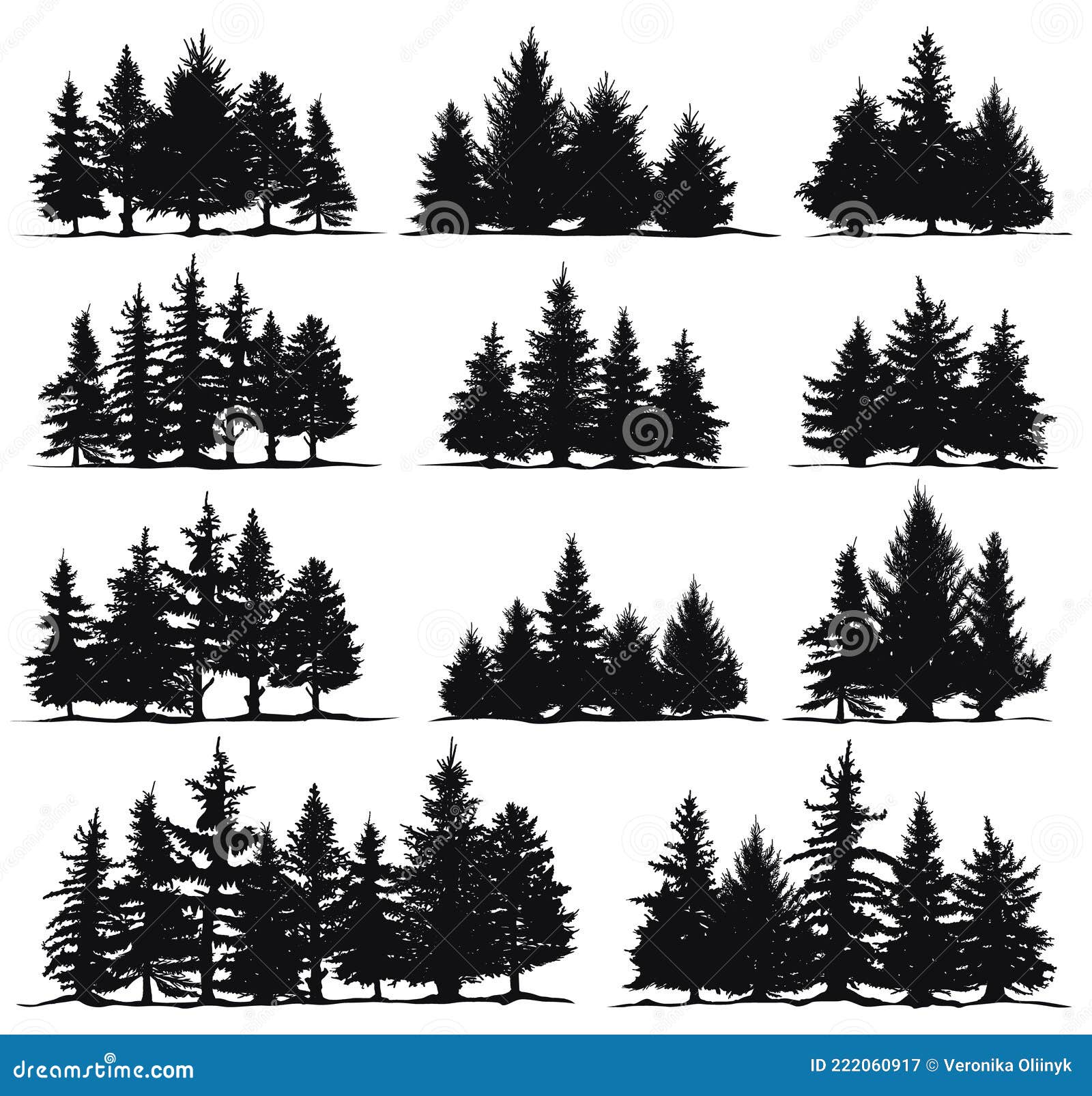 christmas trees silhouettes. spruce nature fir trees, coniferous forest evergreen pines    set