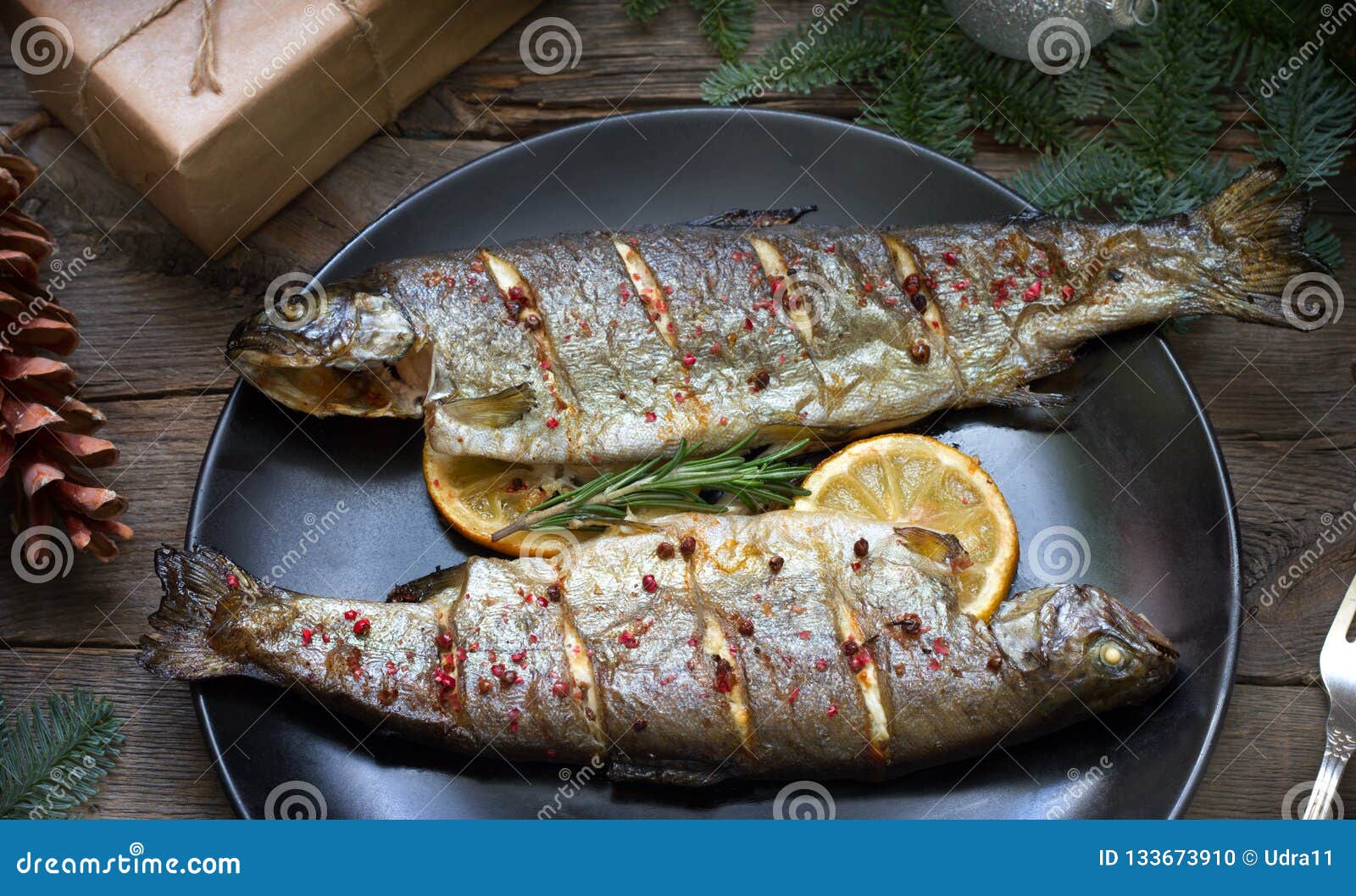 Christmas Trout Baked Fish on Table with Ornament Stock Photo Image of closeup, dill 133673910