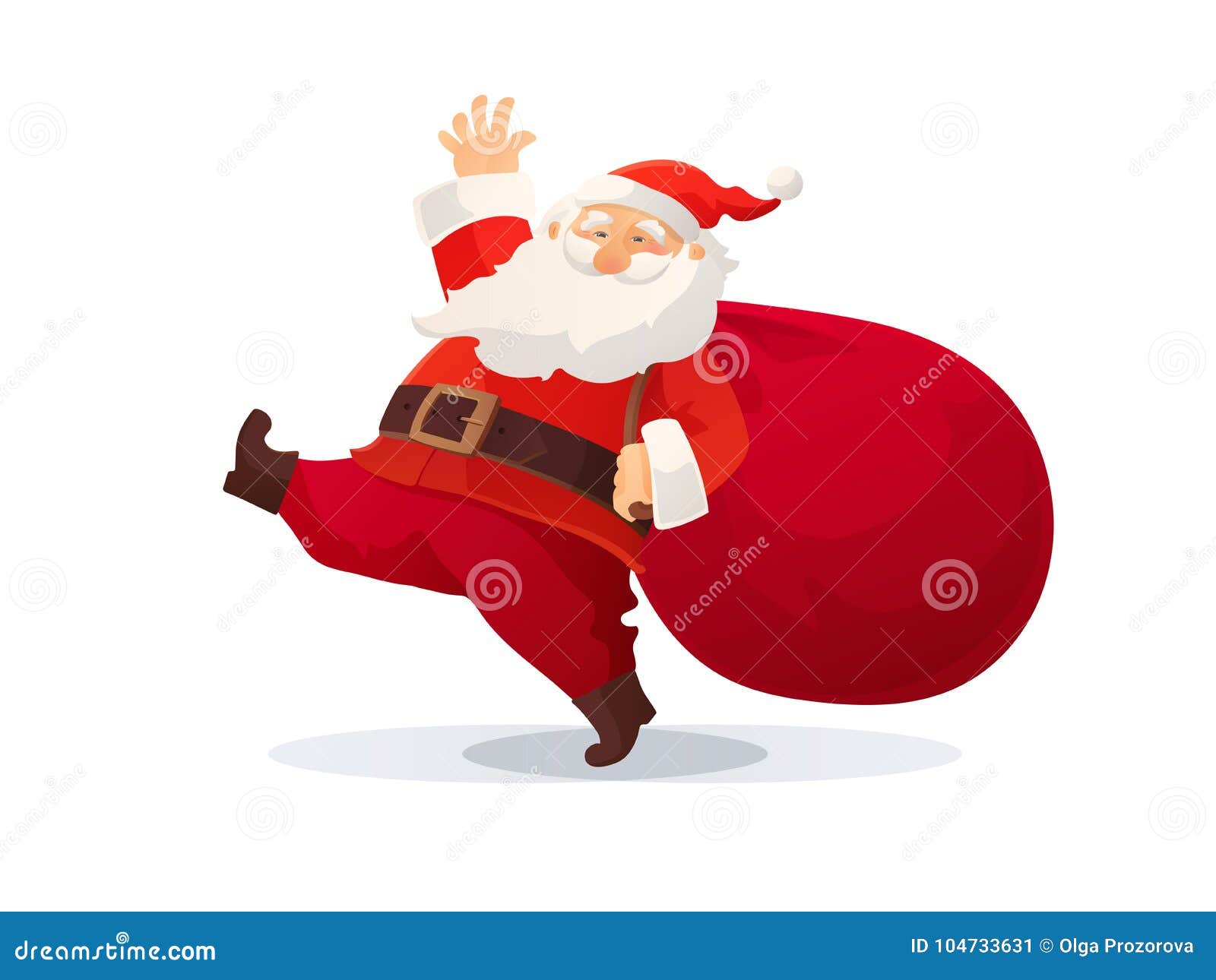 Christmas vector illustration Funny cartoon Santa Claus with huge red bag with presents Red Santa hat Great For Christmas and New Year posters