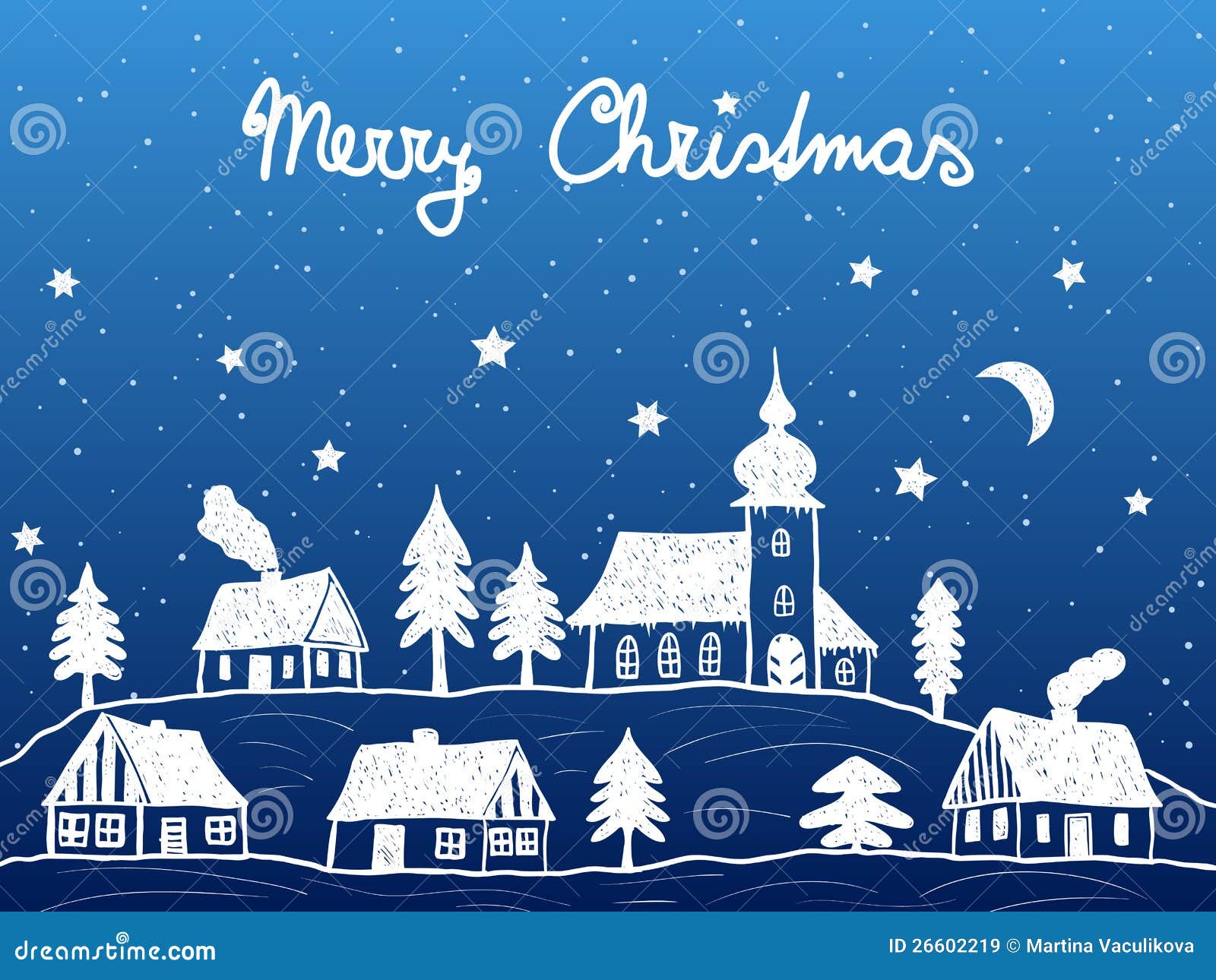 Christmas Village With Church At Night Stock Vector 