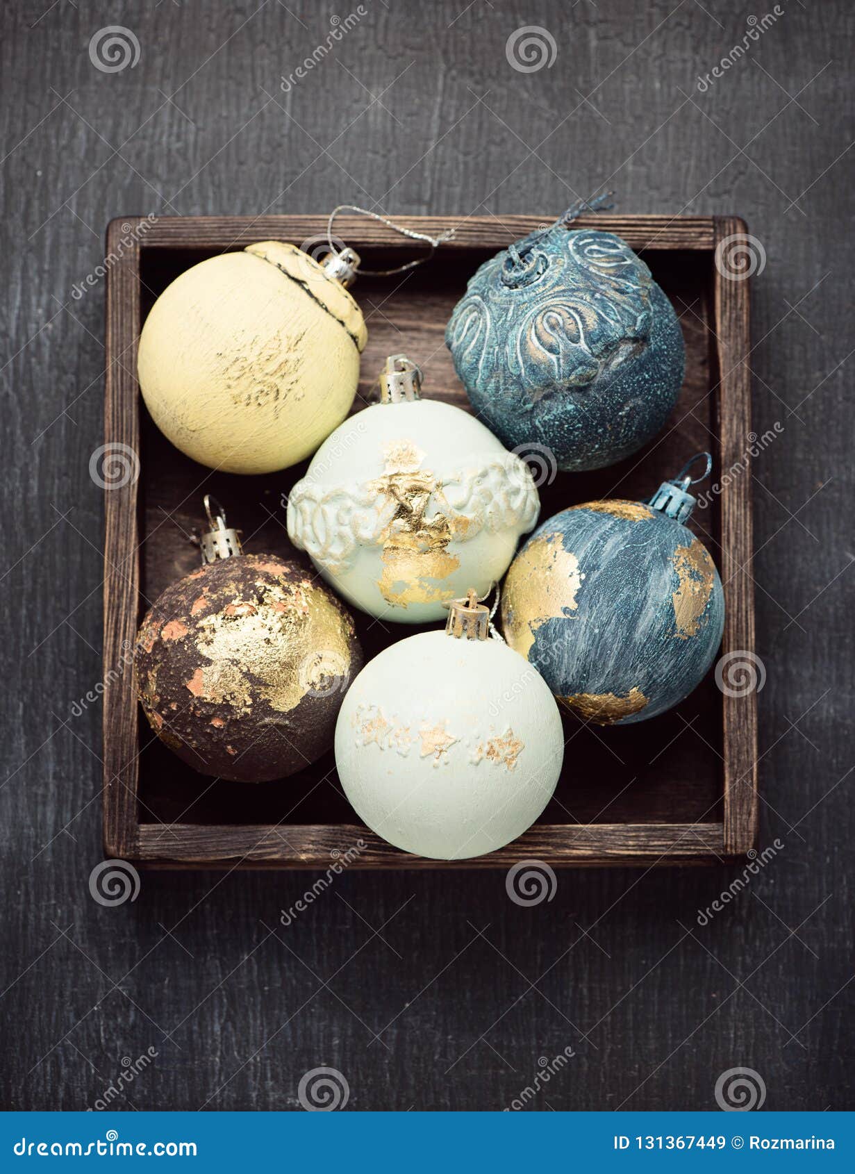 Christmas Vintage Balls in a Wooden Box Stock Image - Image of flat ...