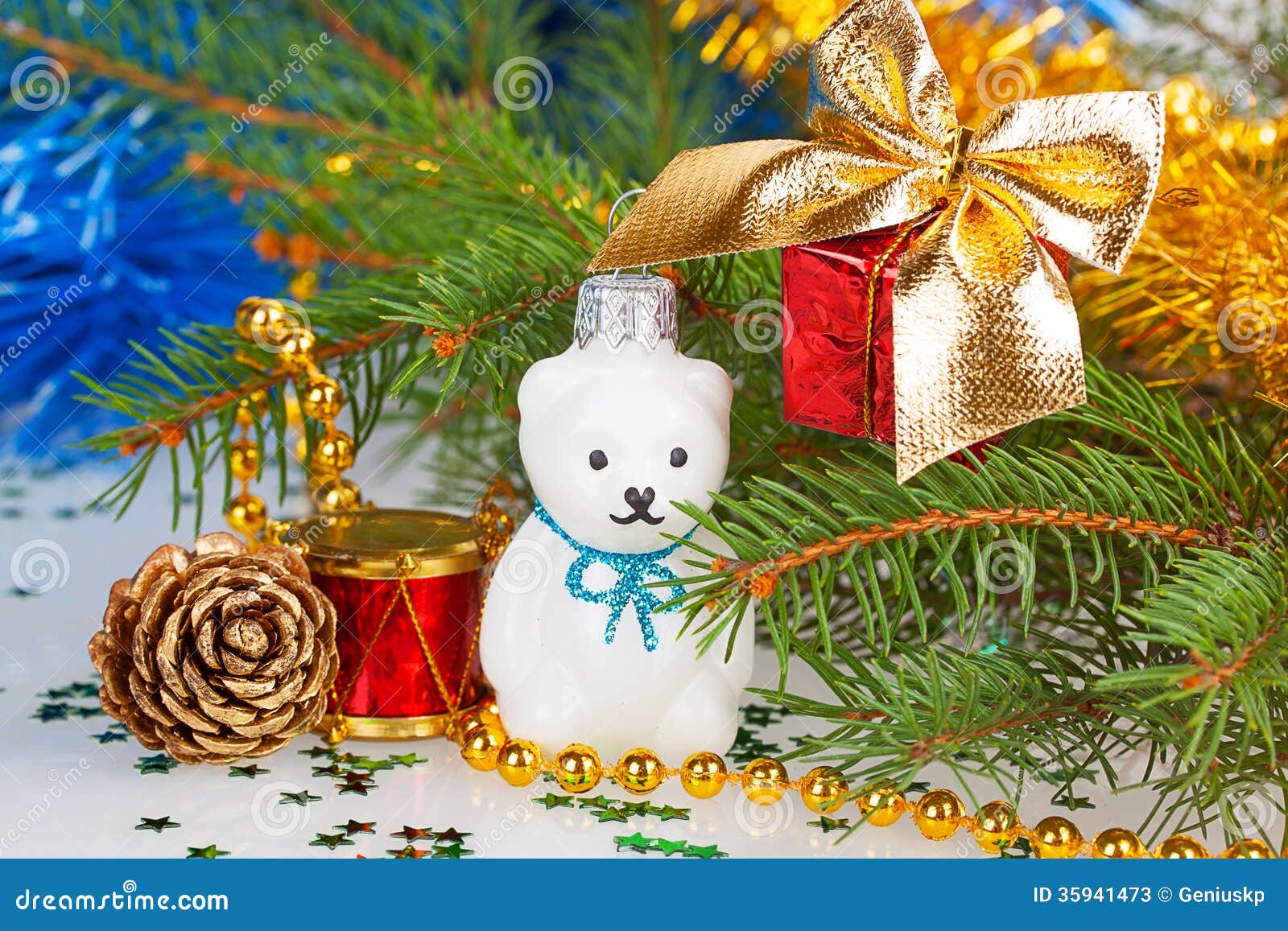 Christmas White Teddy Bear with Decorations Stock Image - Image of gift ...